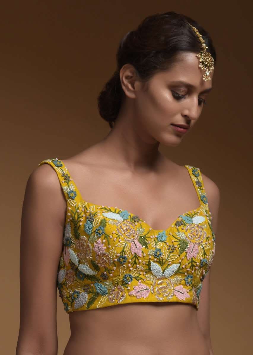 Sun Yellow Skirt, Crop Top And Jacket With 3D Flowers And Embossed Embroidery - Image 6
