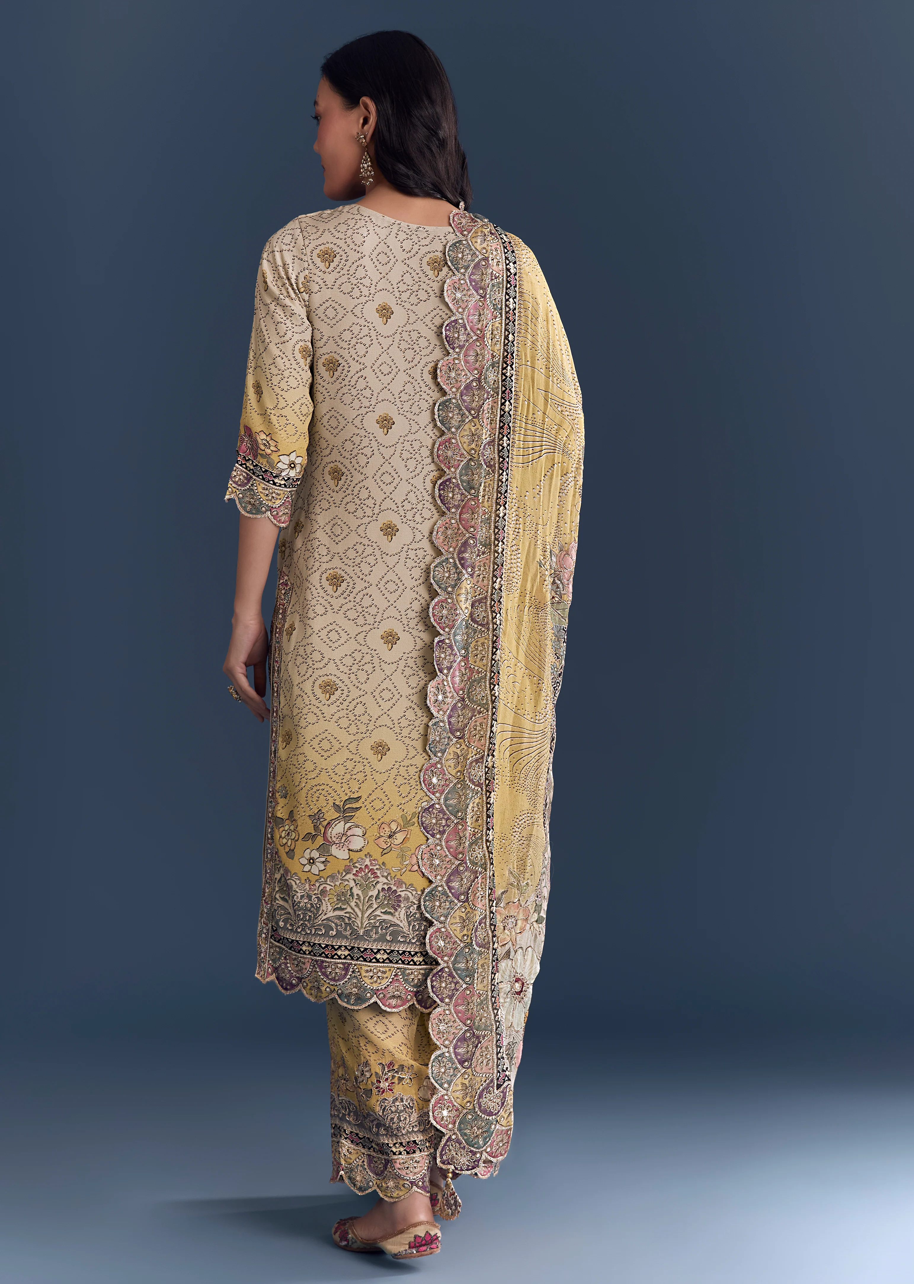 Sunlit Couple Set – Yellow-Beige Ombre Floral Kurta Set for Her And Multicolour Silk Thread Work Kurta Jacket Set for Him - Image 5