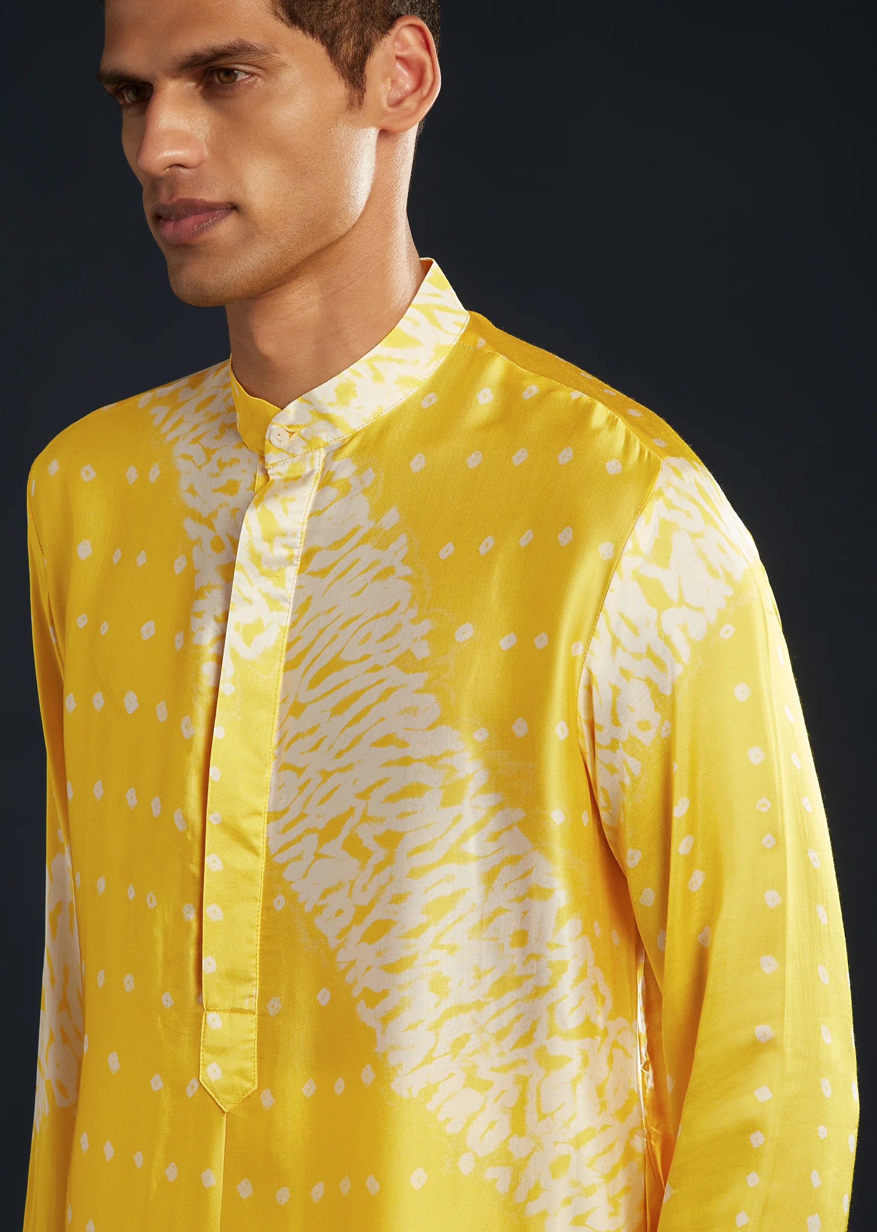 Sunlit Festive Couple Set – Yellow Satin Indo-Western Set For Her And Yellow Bandhani Shibori Kurta Set For Him - Image 6