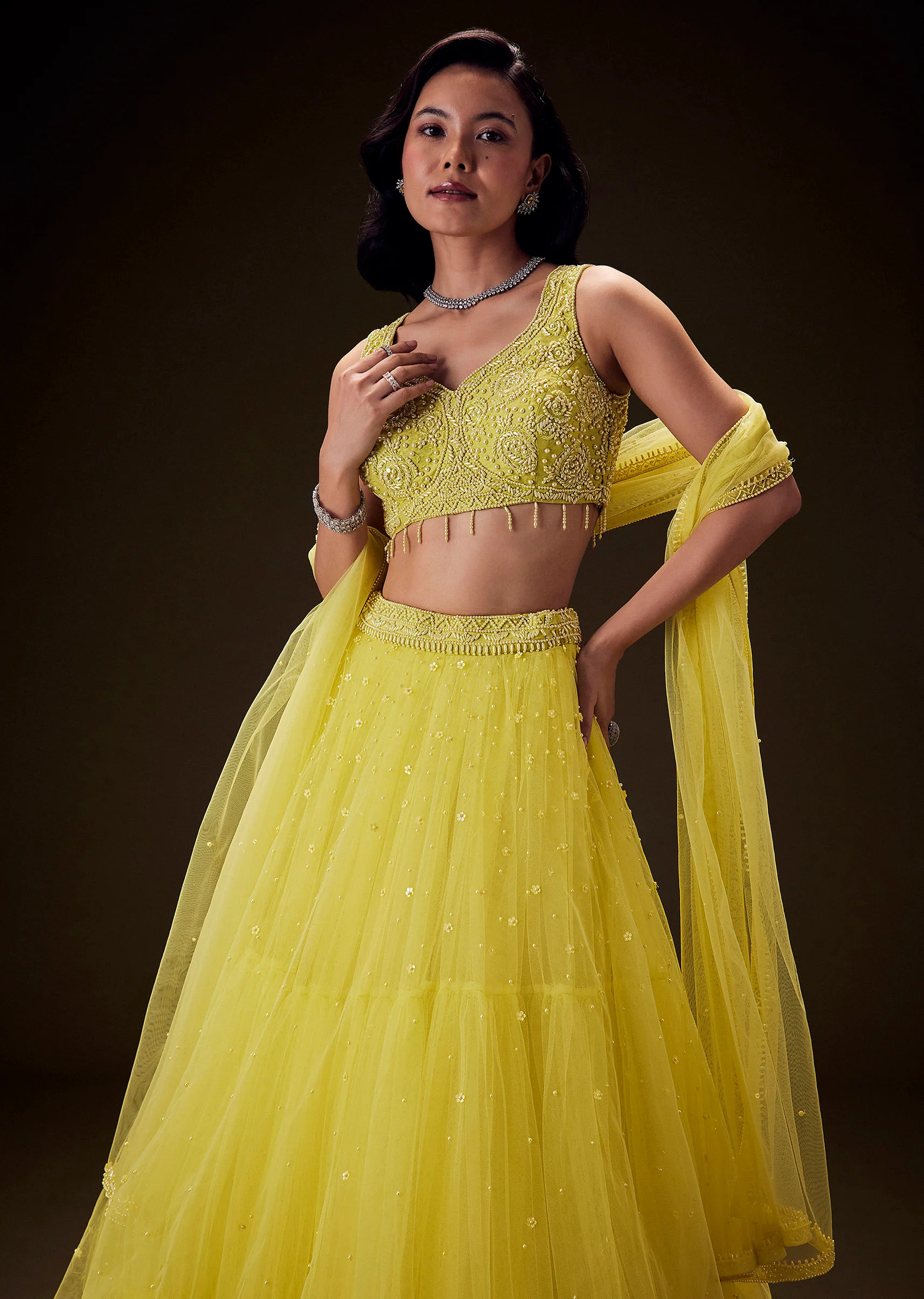 Sunshine Yellow Net Hand Embroided Pearl Work Lehenga Set - Image 2