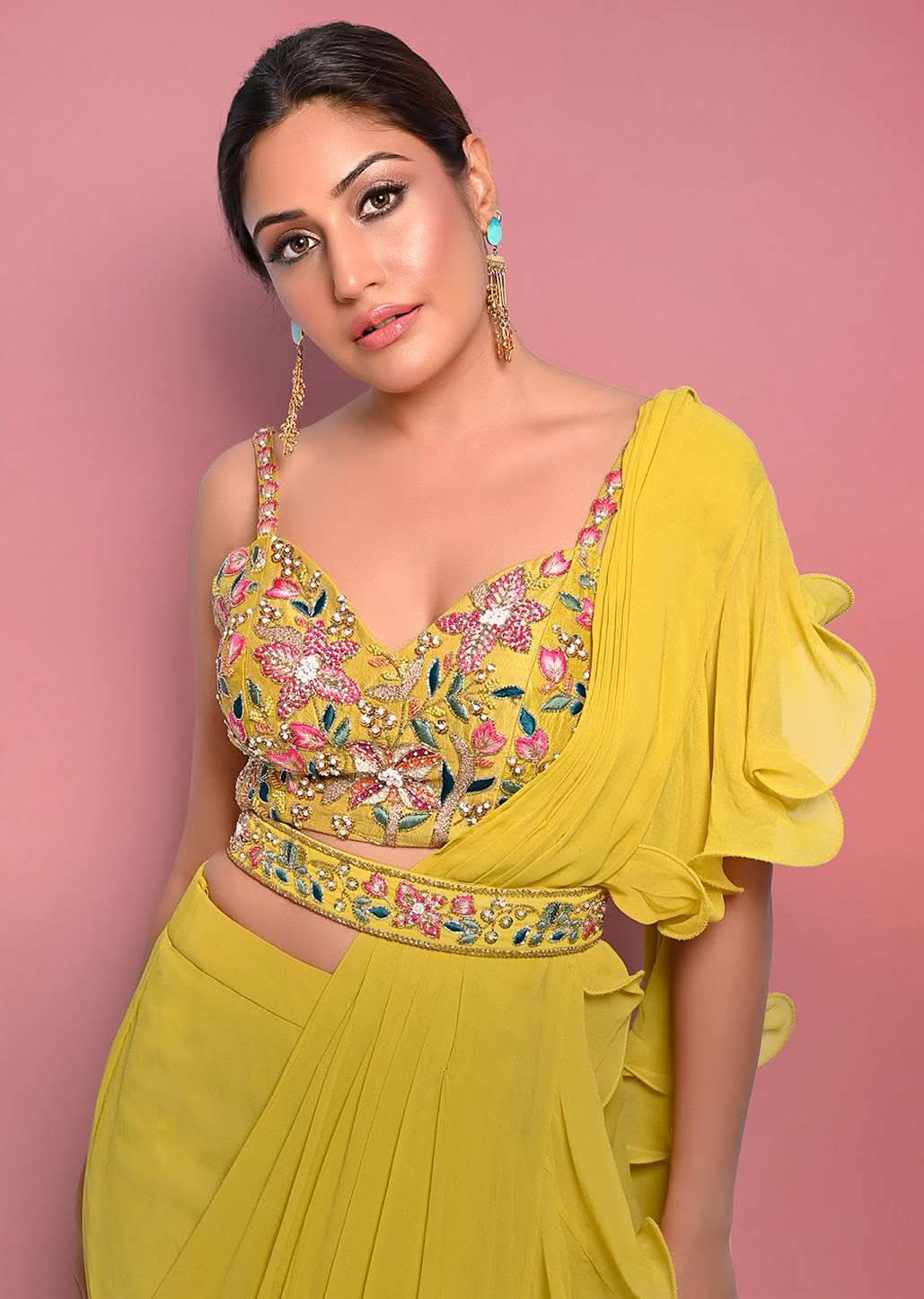 Citrus Ready To Wear Ruffle Saree With Multi-Color Floral Hand Embroidered Blouse - Image 3