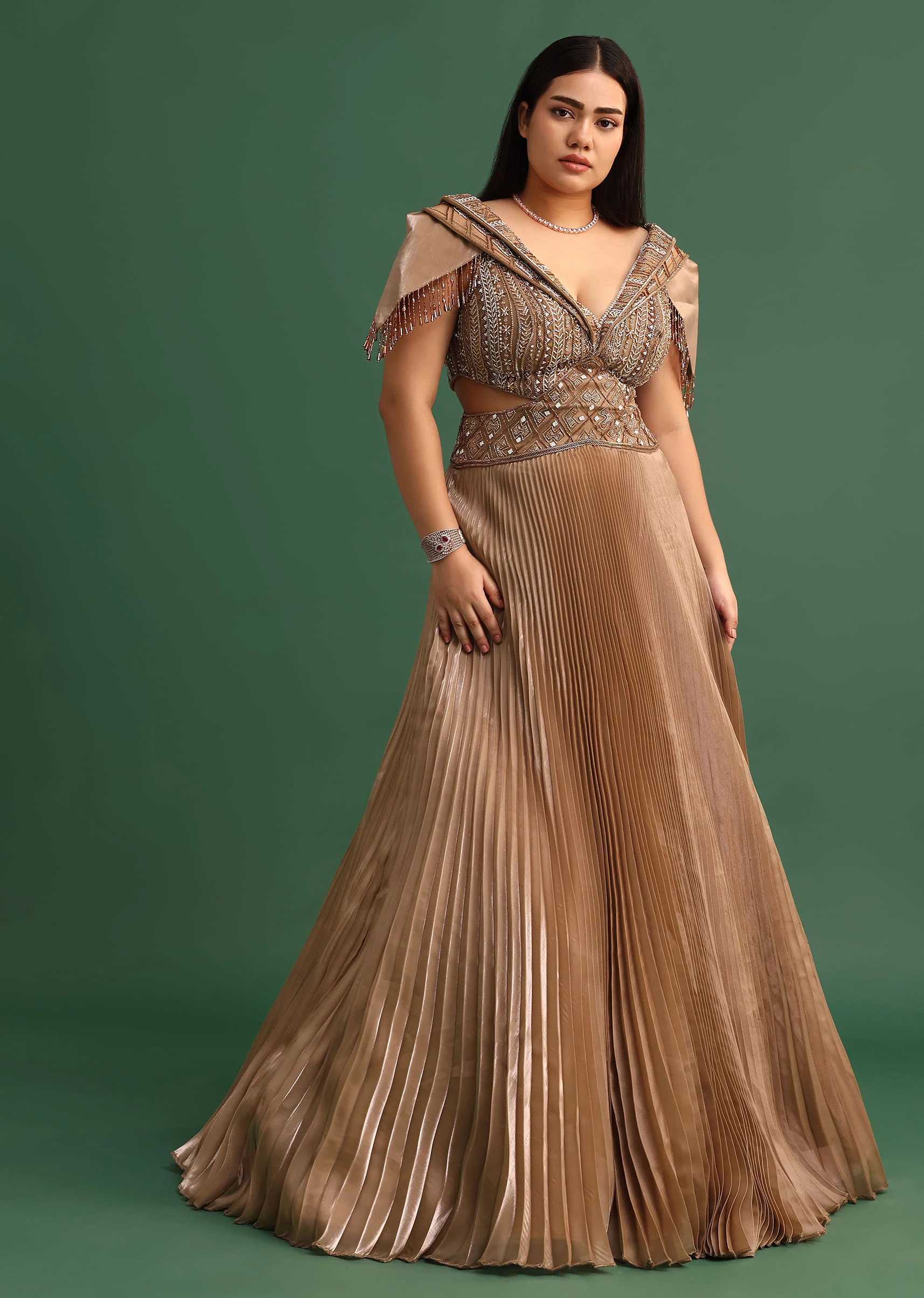 Tan Brown Pleated Circular Embroidered Gown - Image 3