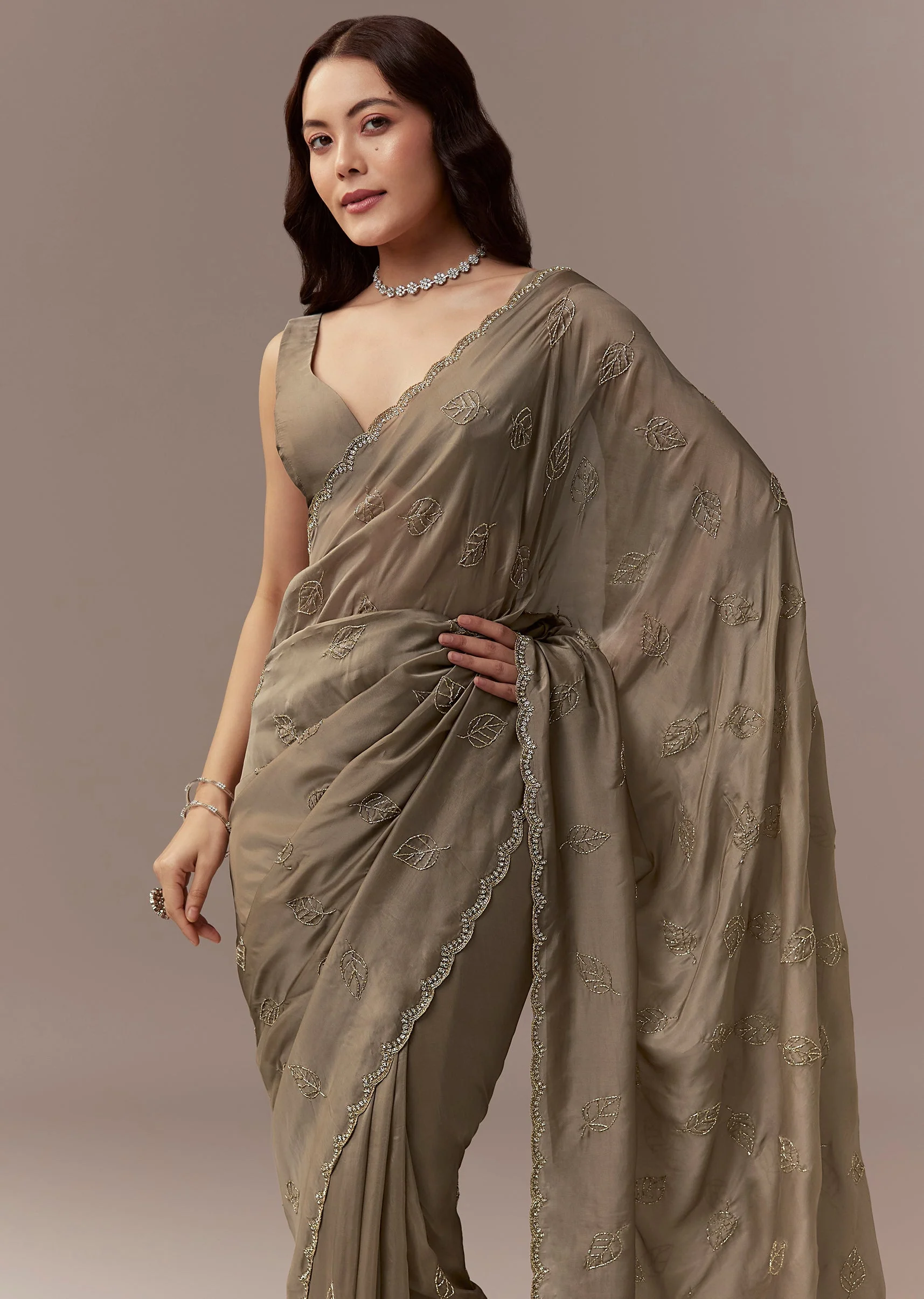 Taupe Brown Kora Silk Saree With Cutdana Stones And Leaf Motif Embroidery - Image 5