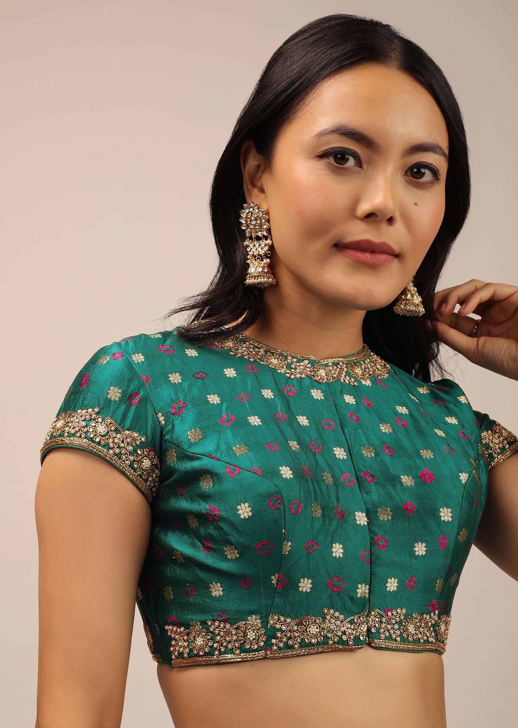 Teal Blouse In Brocade With Woven Buttis, Bandhani And Zardosi Embroidery - Image 2