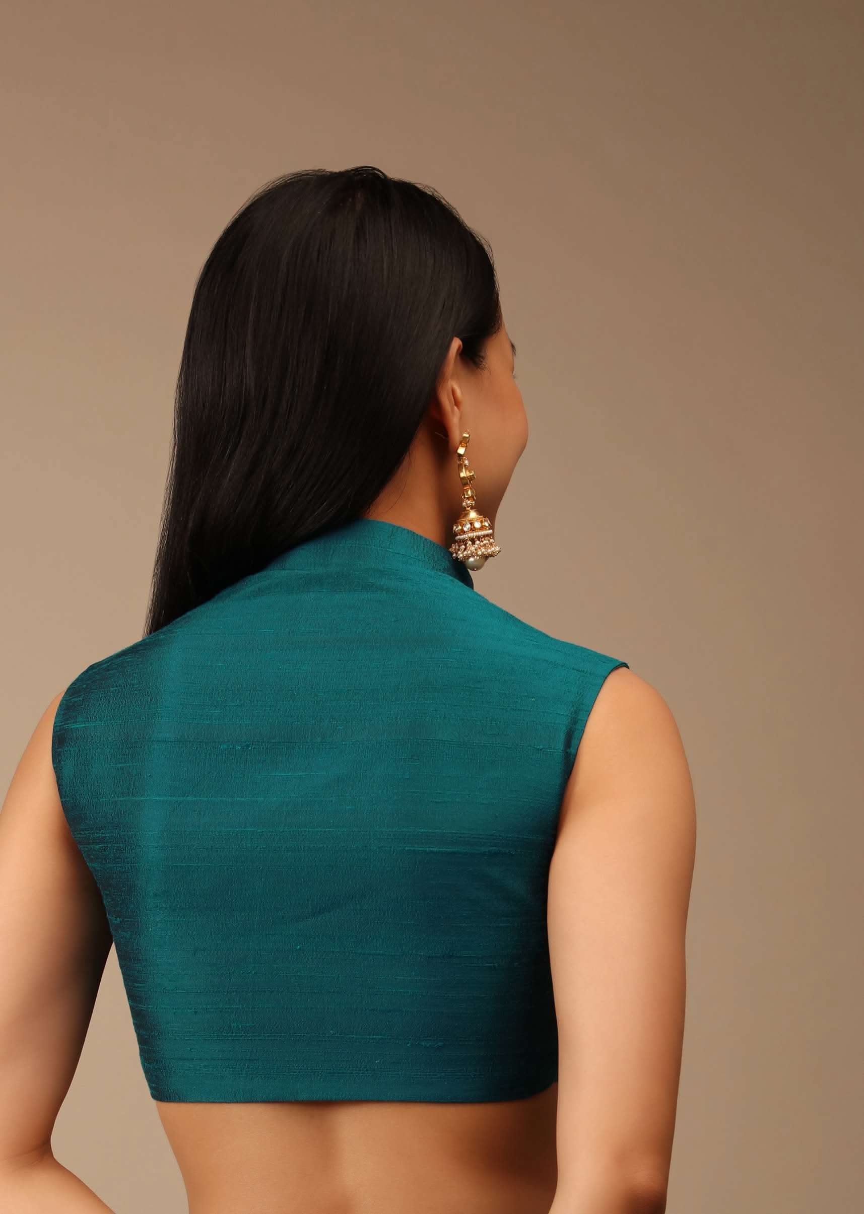 Teal Blue Blouse In Raw Silk With Mandarin Collar Neckline And Front Zip Closure - Image 2