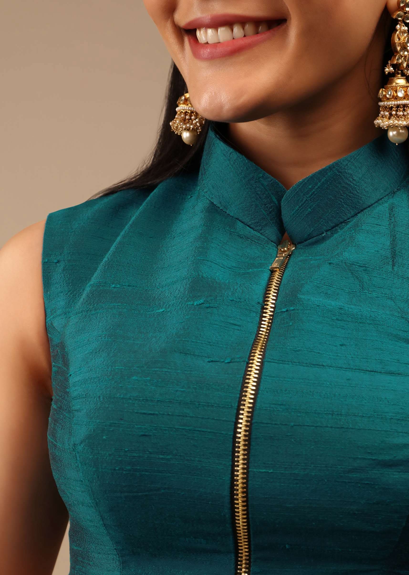 Teal Blue Blouse In Raw Silk With Mandarin Collar Neckline And Front Zip Closure - Image 5