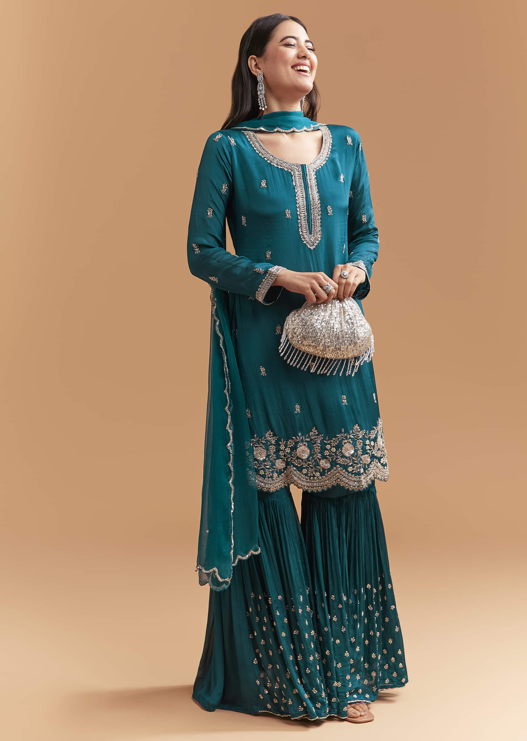 Teal Blue Chinon Sharara Suit With Sequins And Cutdana Work - Image 3