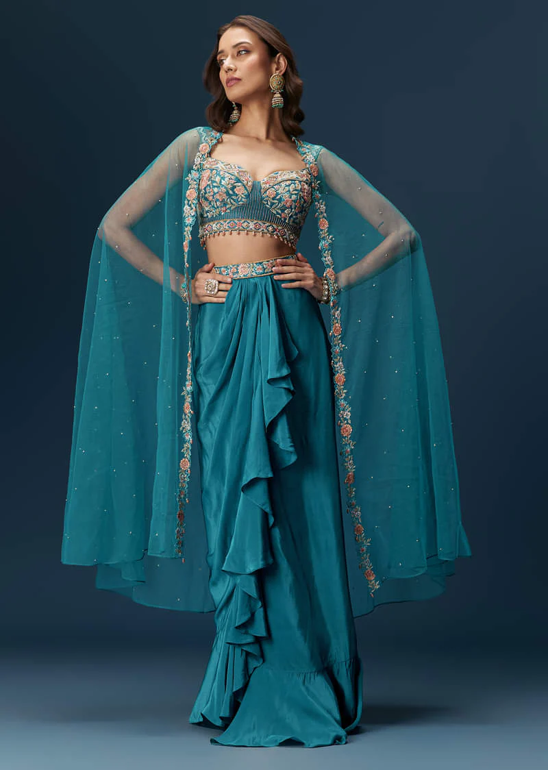 Teal Blue Dhoti Skirt Set With Embroidered Blouse And Net Dupatta - Image 2