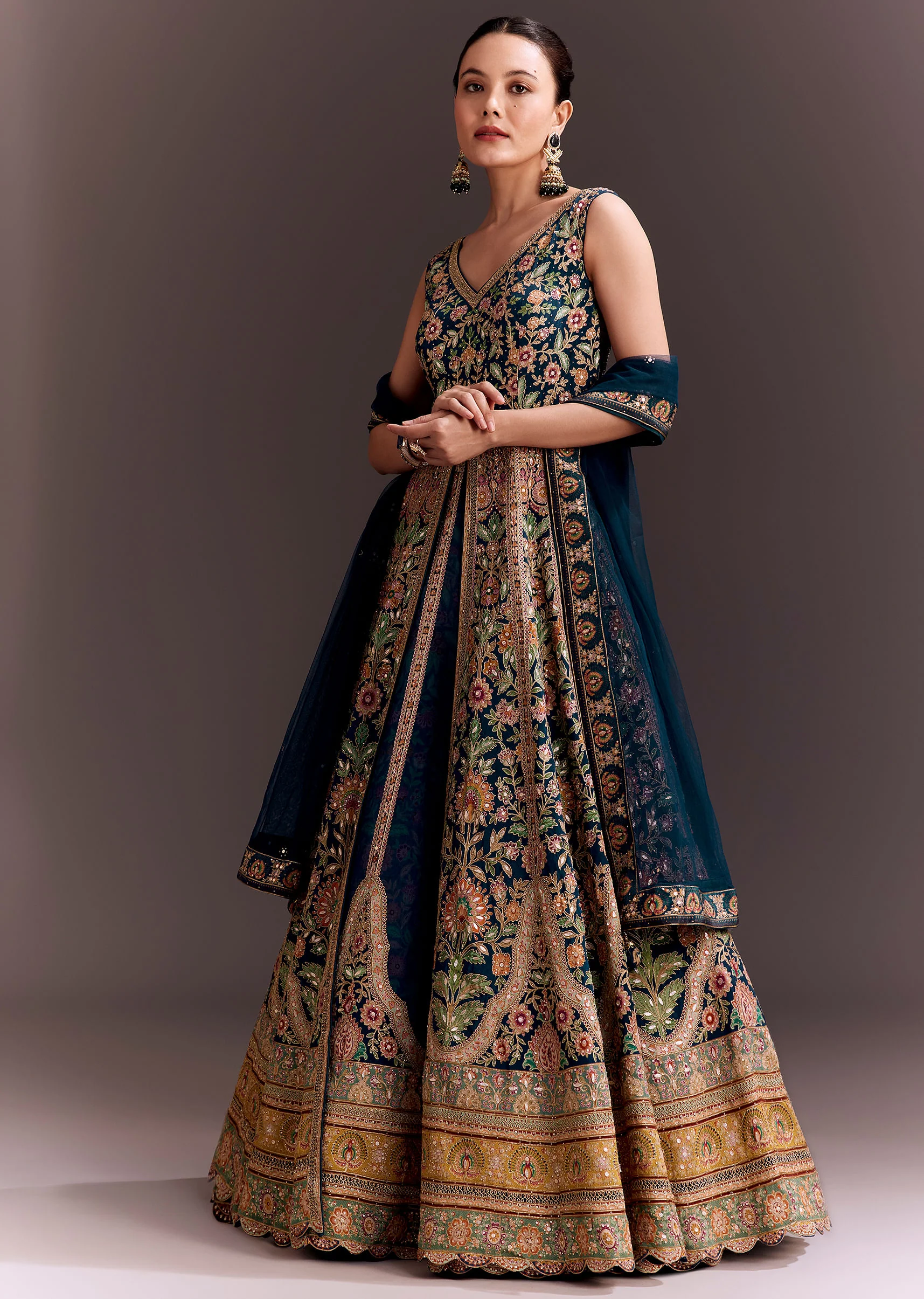 Teal Blue Floral Embroidered Anarkali With Net Dupatta - Image 3