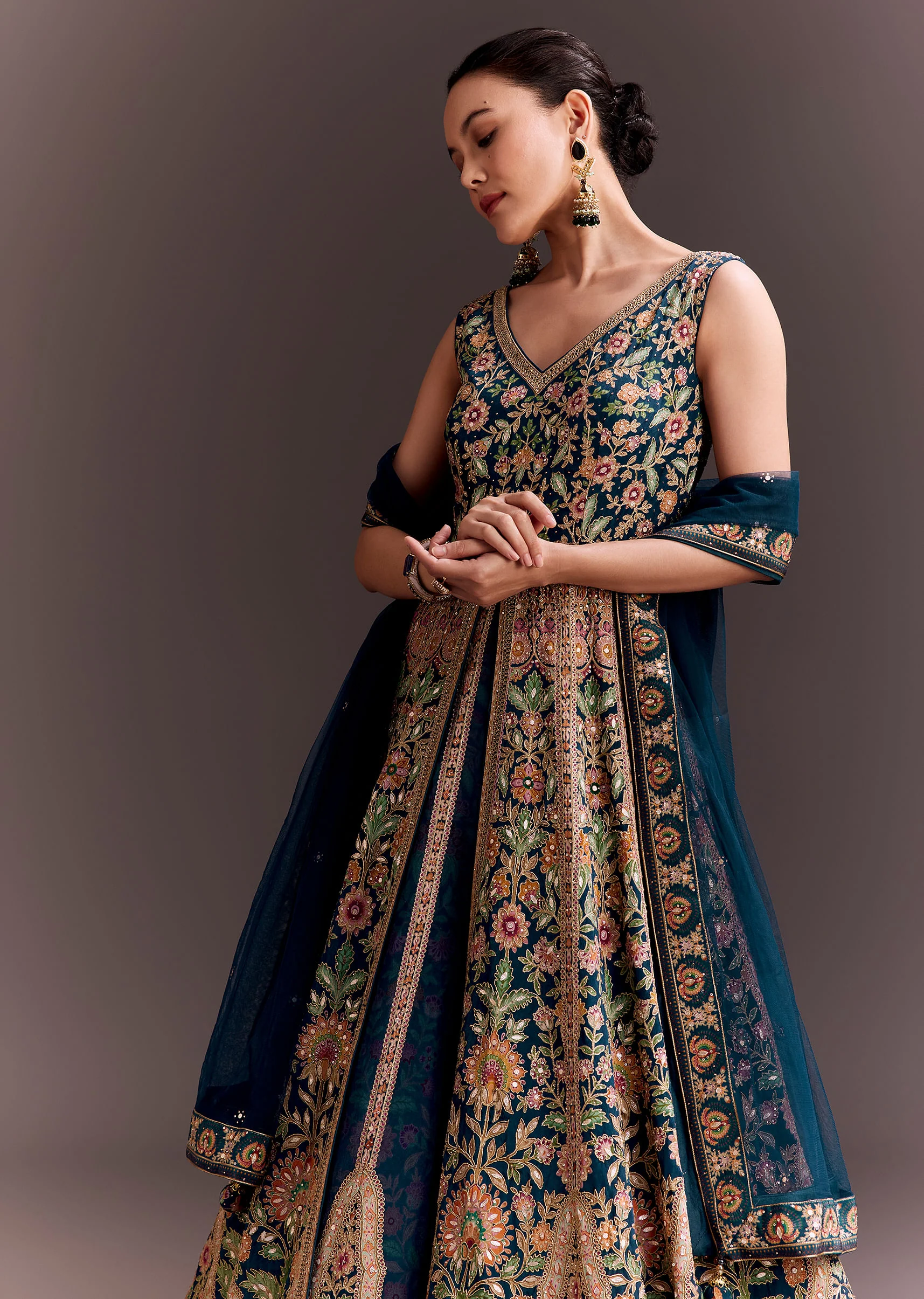 Teal Blue Floral Embroidered Anarkali With Net Dupatta - Image 4