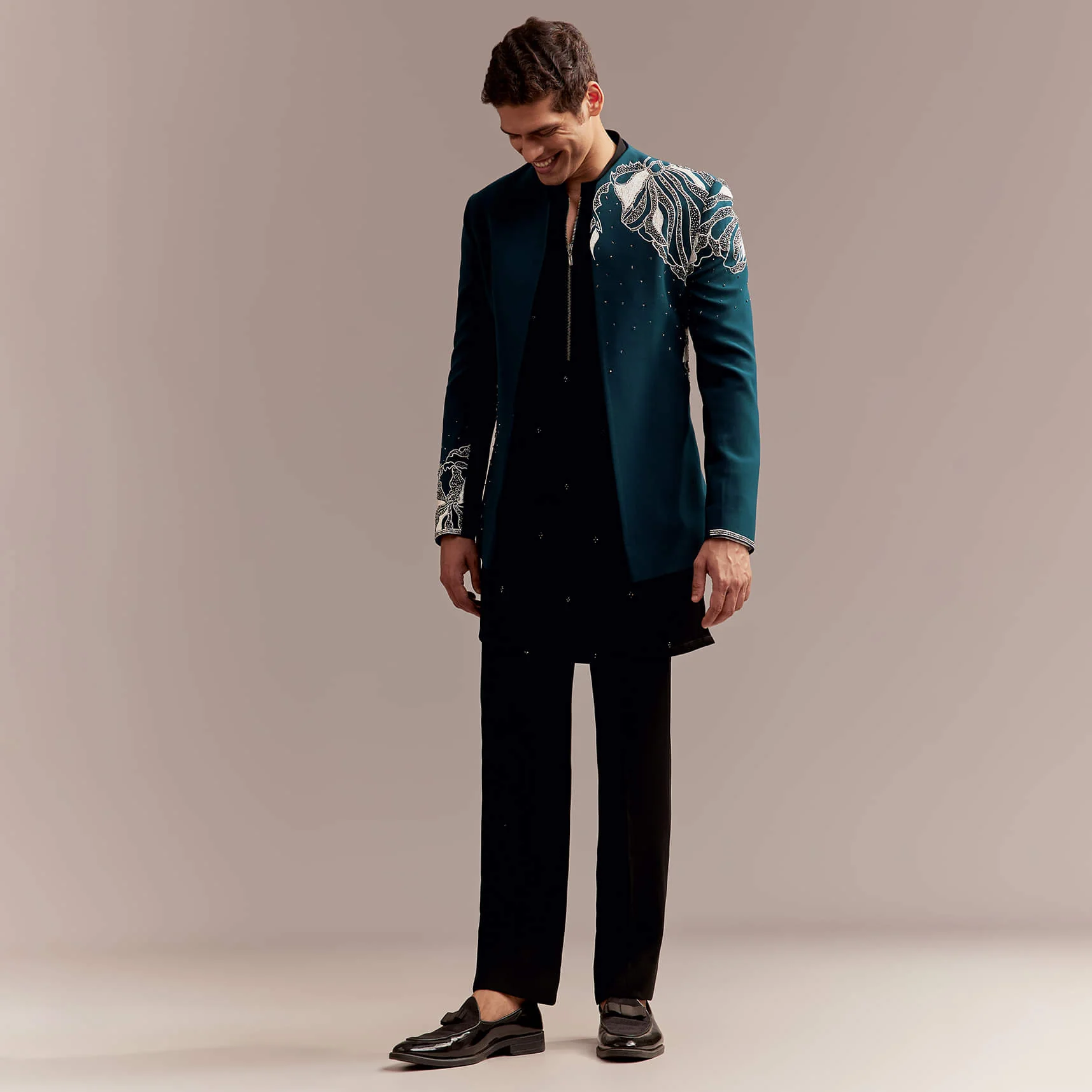 Teal Blue Indo Western Set For Men With Heavy Embroidery - Image 4