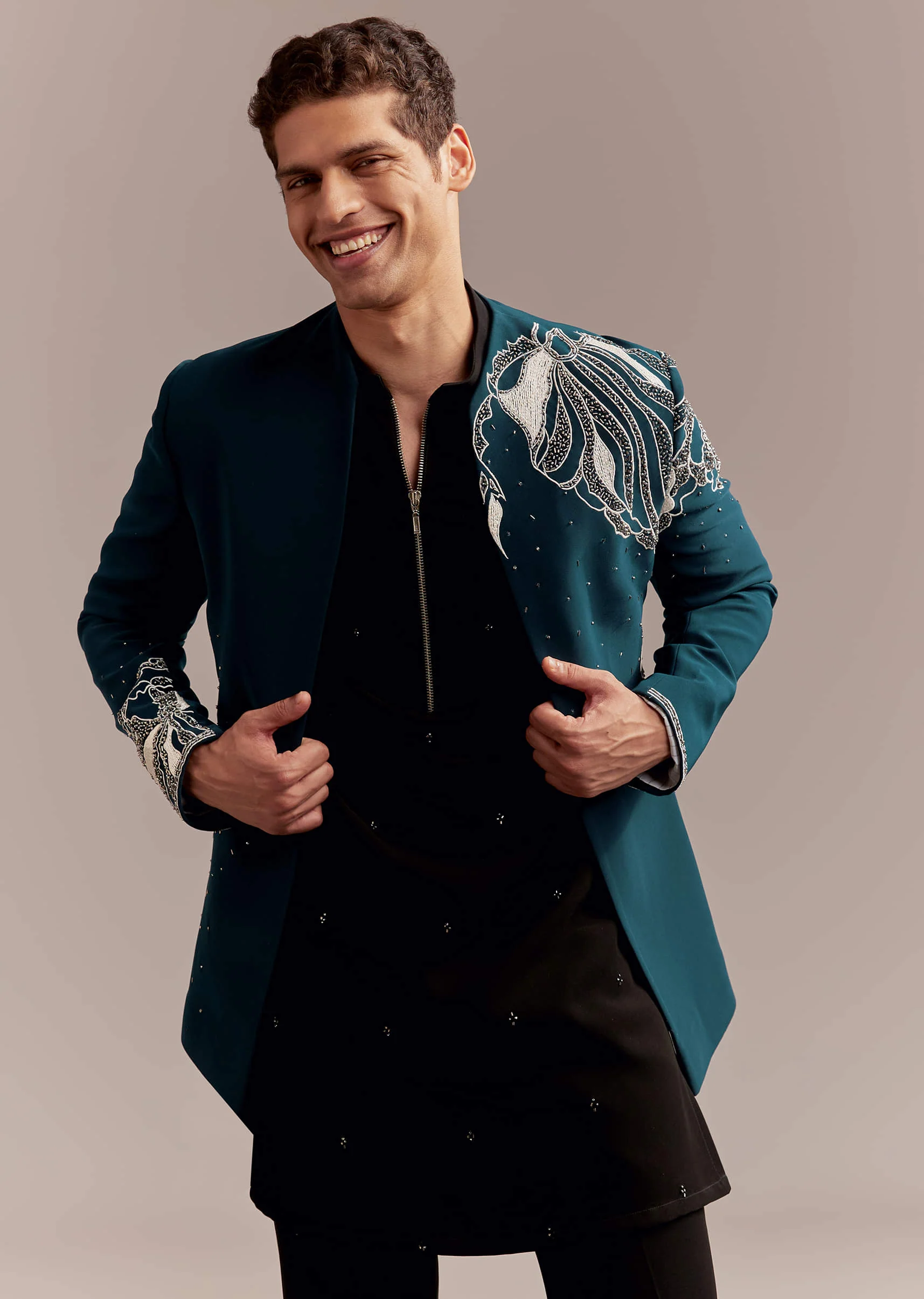 Teal Blue Indo Western Set For Men With Heavy Embroidery - Image 5
