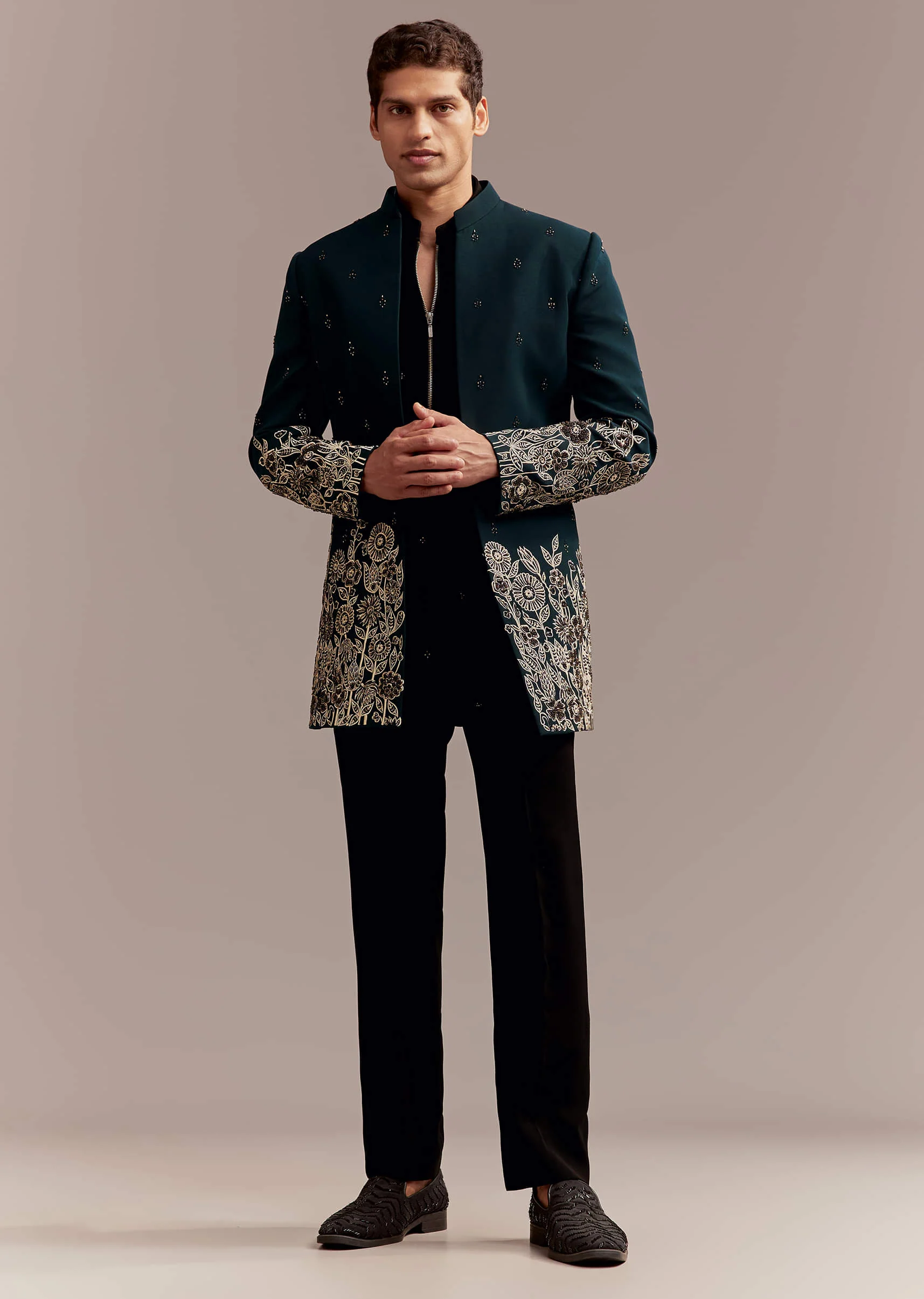 Teal Blue Indo Western Set For Men With Ivory Floral Embroidery - Image 3