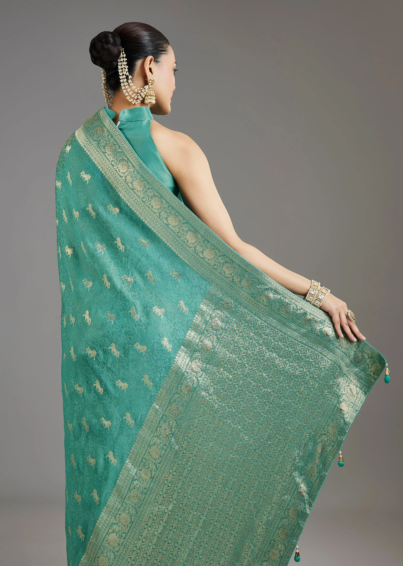 Teal Blue Jacquard Dola Silk Saree - Image 6