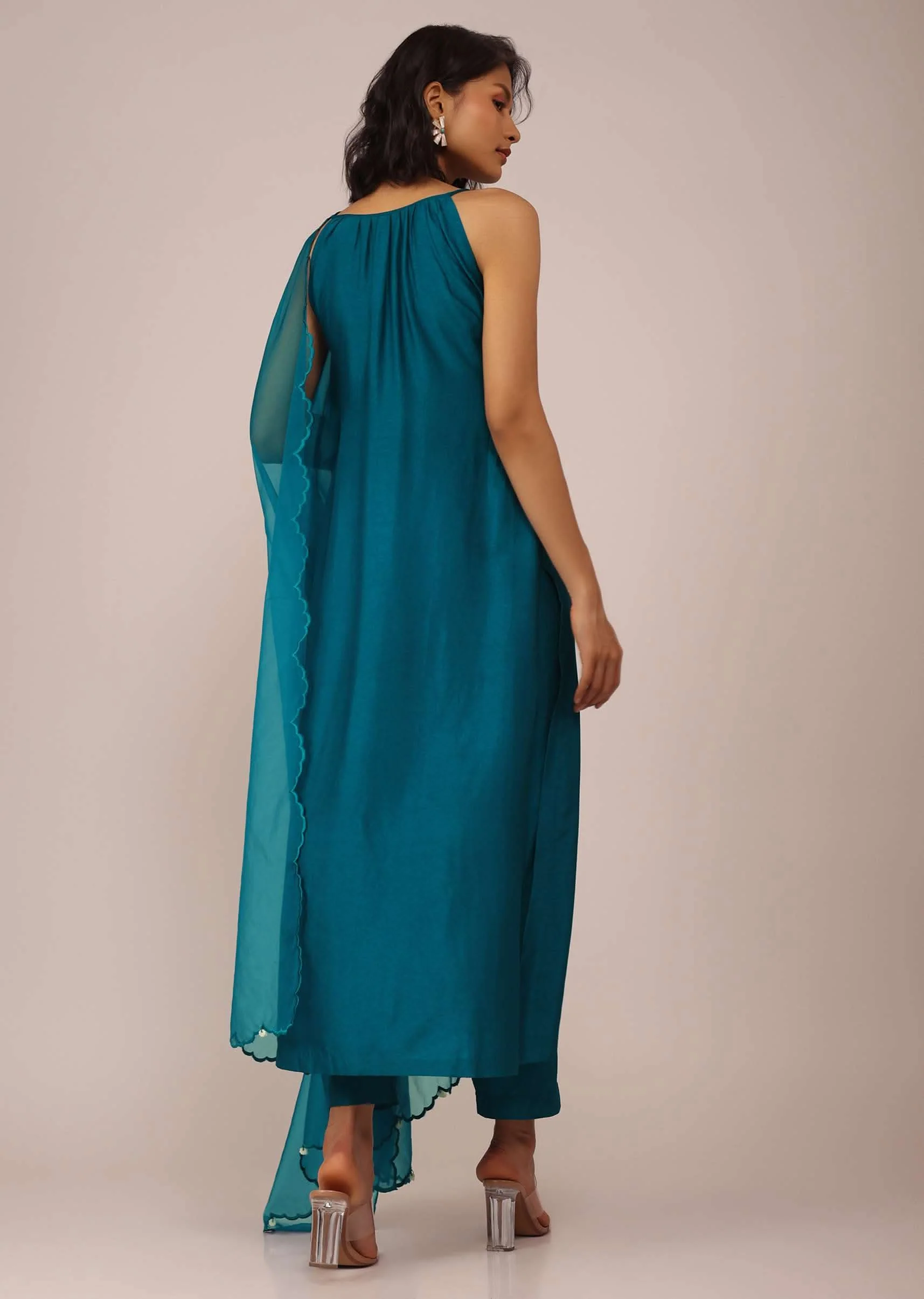 Teal Blue Plain Suit Set In Art Silk With Tassels Adorned Dupatta - Image 5