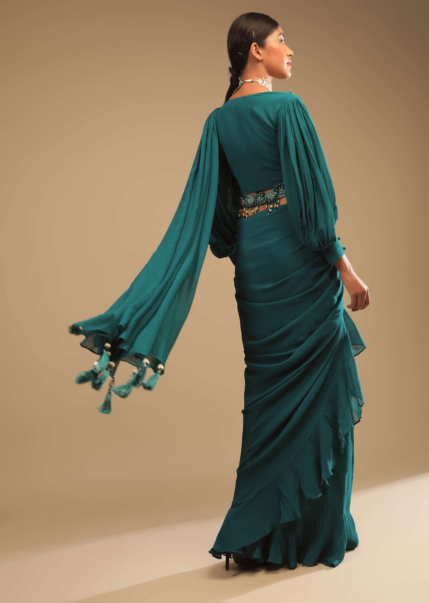 Teal Blue Saree In Georgette With Ruffle Frill And A Chunky Embroidered Belt - Image 4