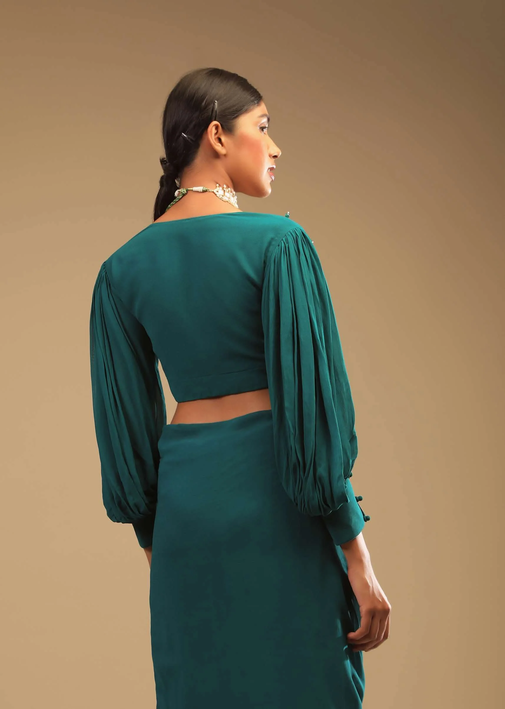 Teal Blue Saree In Georgette With Ruffle Frill And A Chunky Embroidered Belt - Image 6