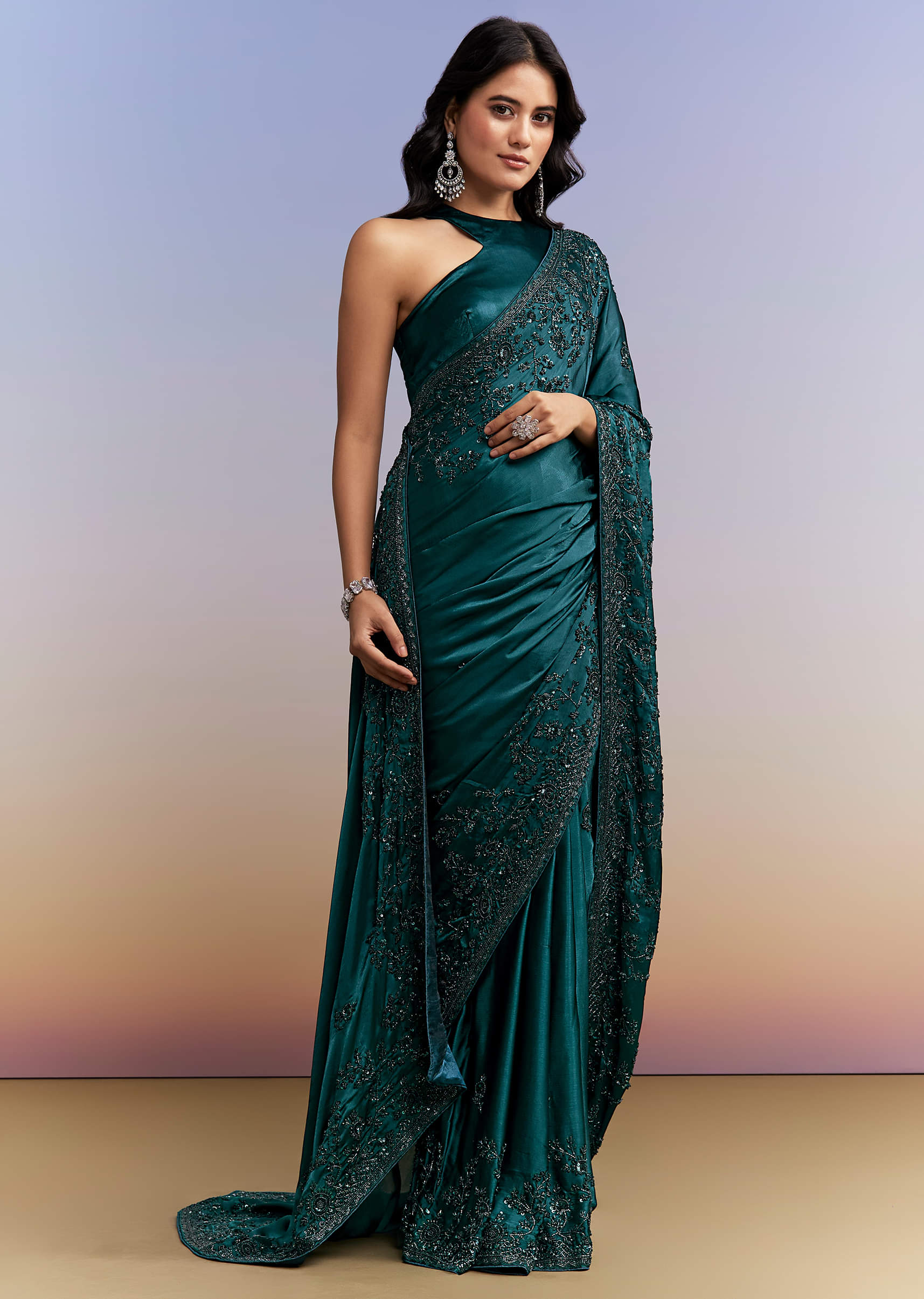 Teal Blue Satin Chinon Saree With Heavy Hand Embroidery - Image 3