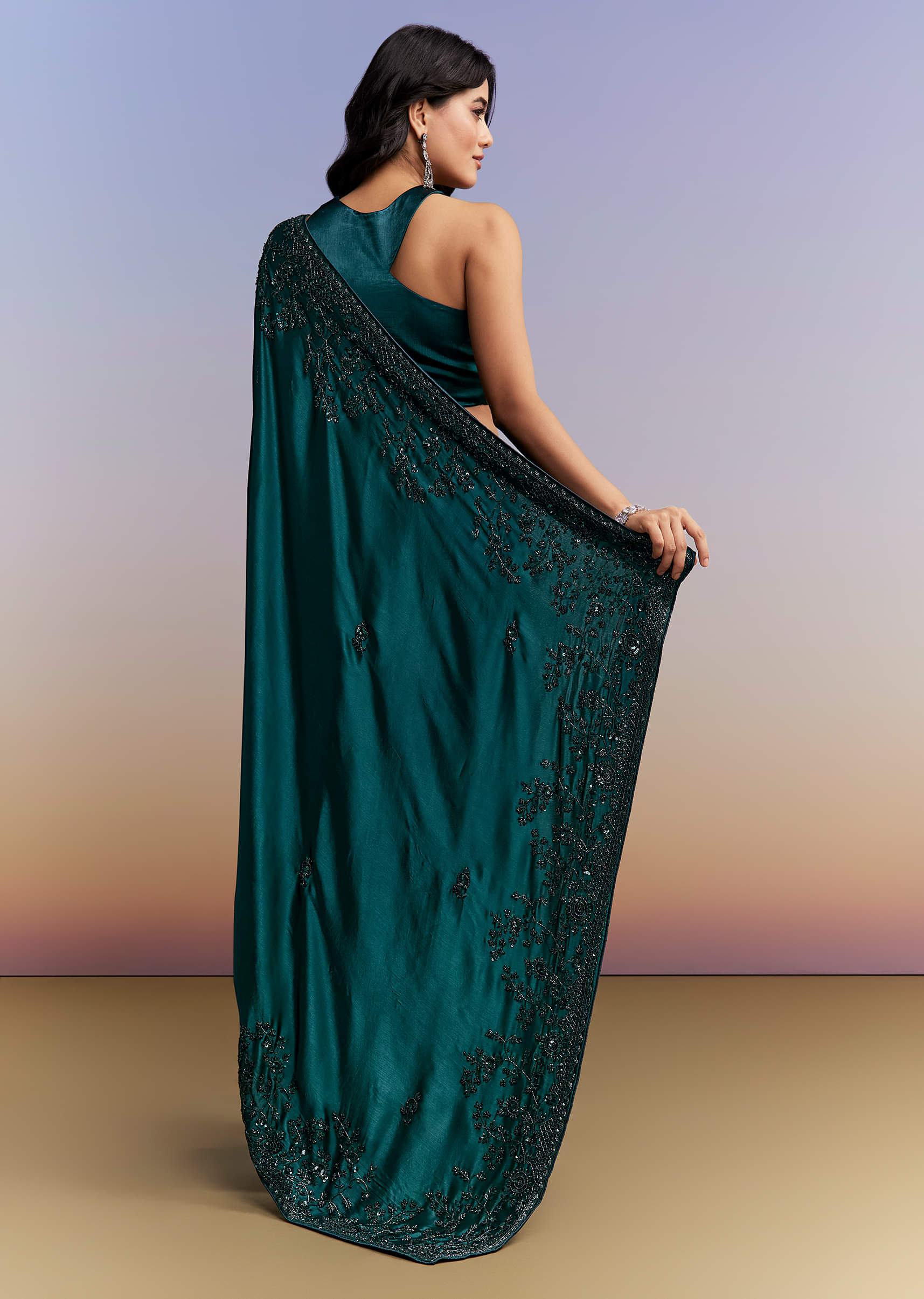 Teal Blue Satin Chinon Saree With Heavy Hand Embroidery - Image 4