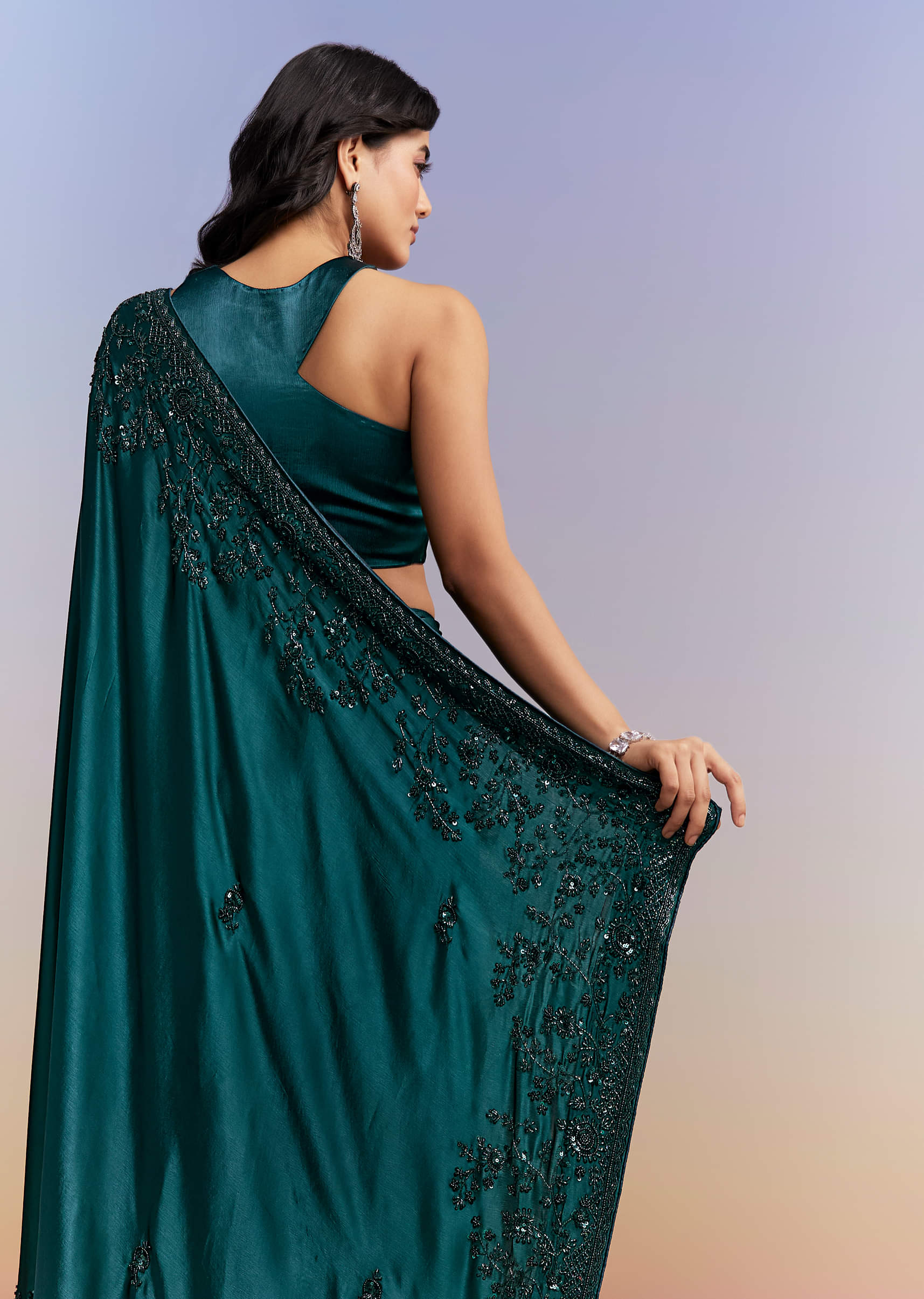 Teal Blue Satin Chinon Saree With Heavy Hand Embroidery - Image 6