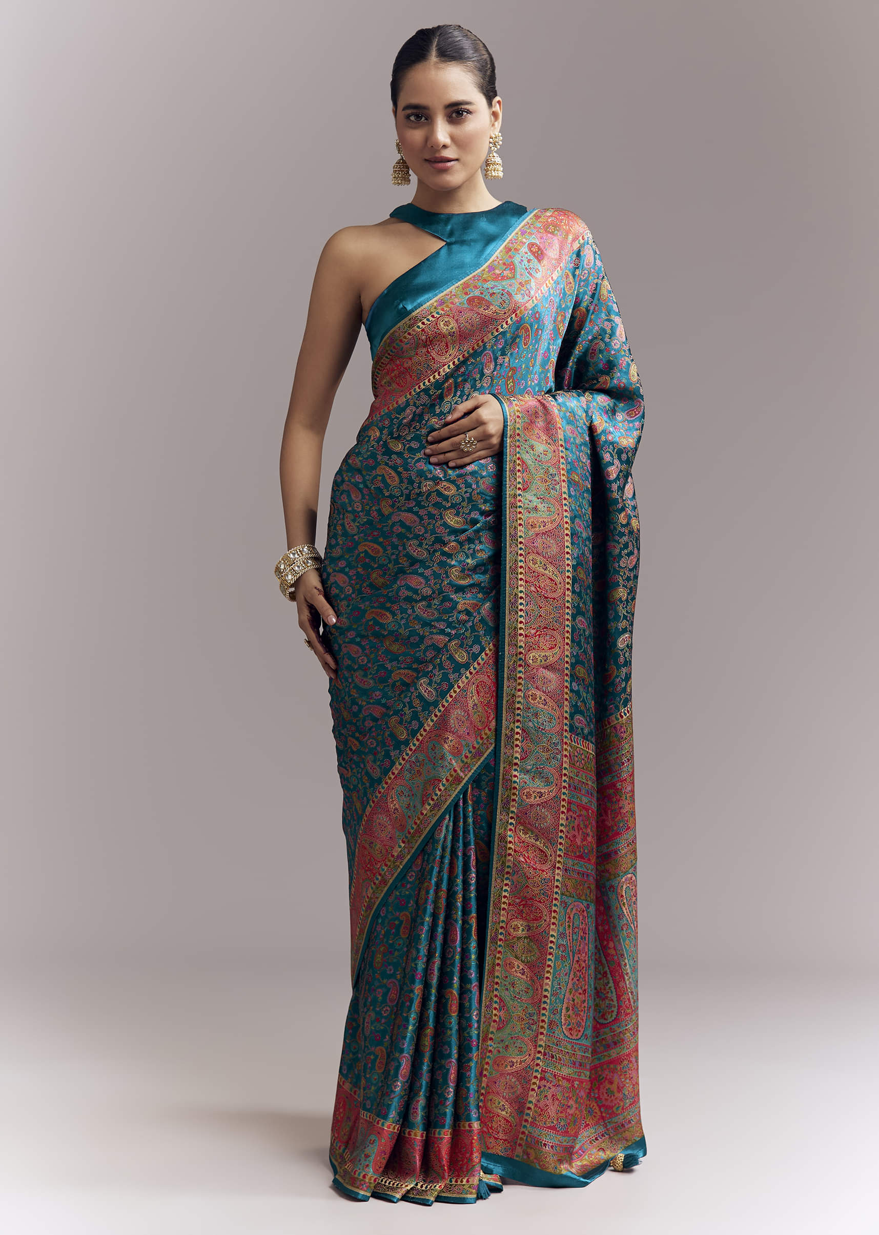 Teal Blue Satin Woven Saree With Multicolour Traditional Motifs - Image 3