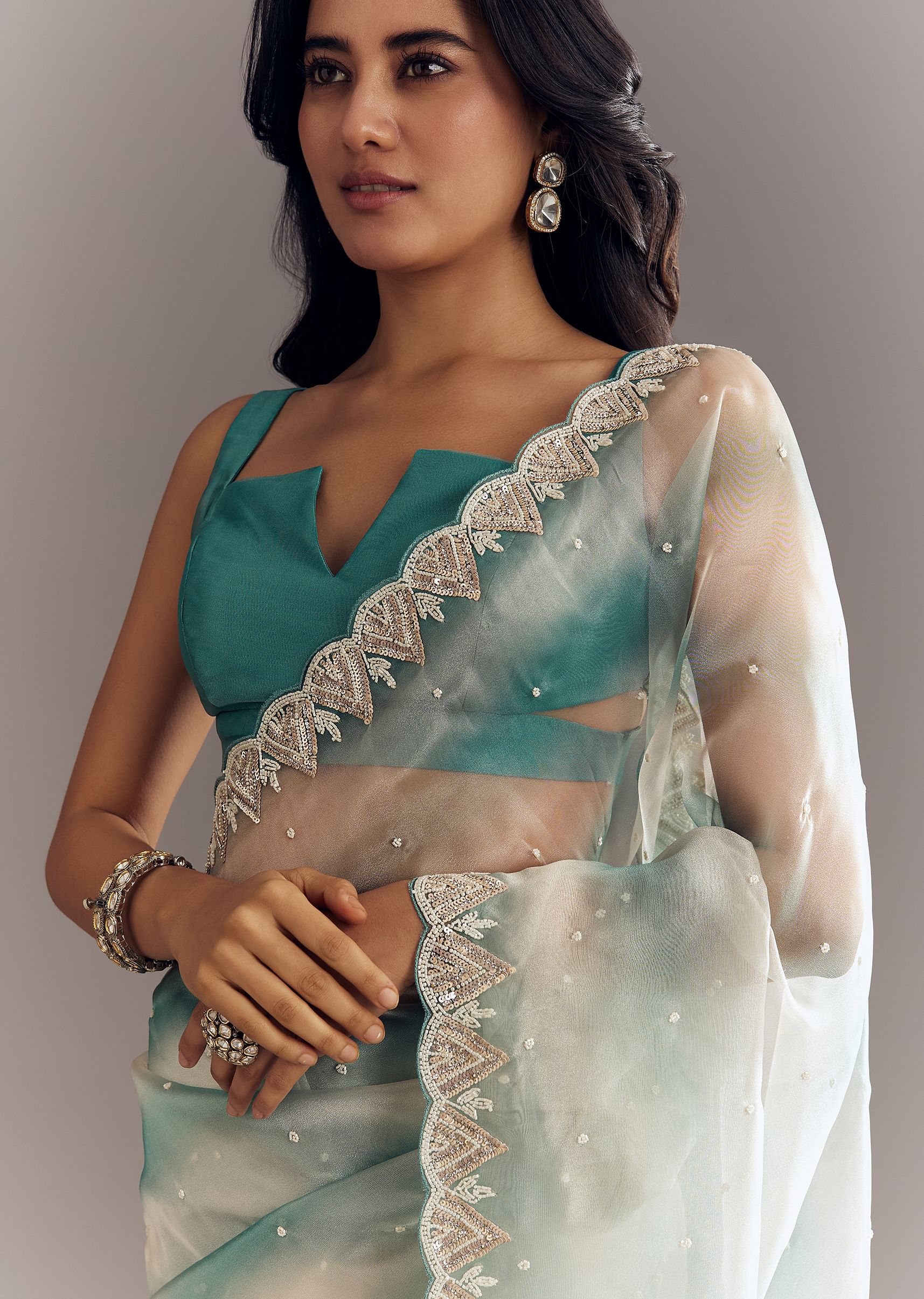 Teal Blue Shaded Organza Saree With Moti Stone Sequins Embroidery And Cutwork Scallop Border - Image 2