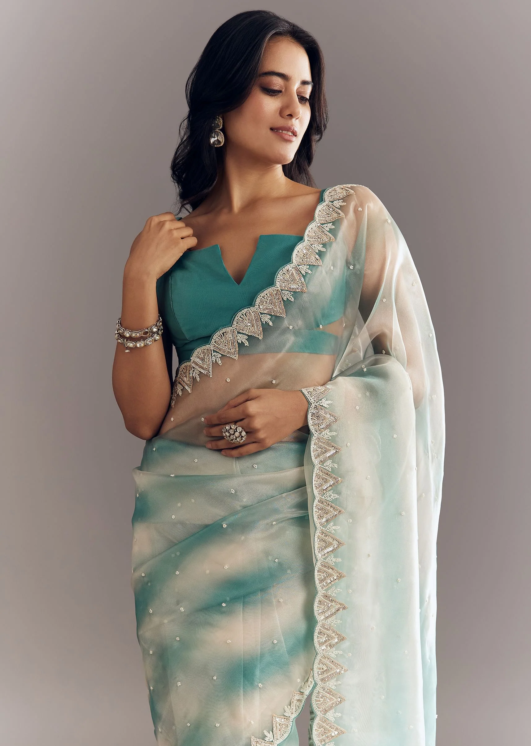Teal Blue Shaded Organza Saree With Moti Stone Sequins Embroidery And Cutwork Scallop Border - Image 4