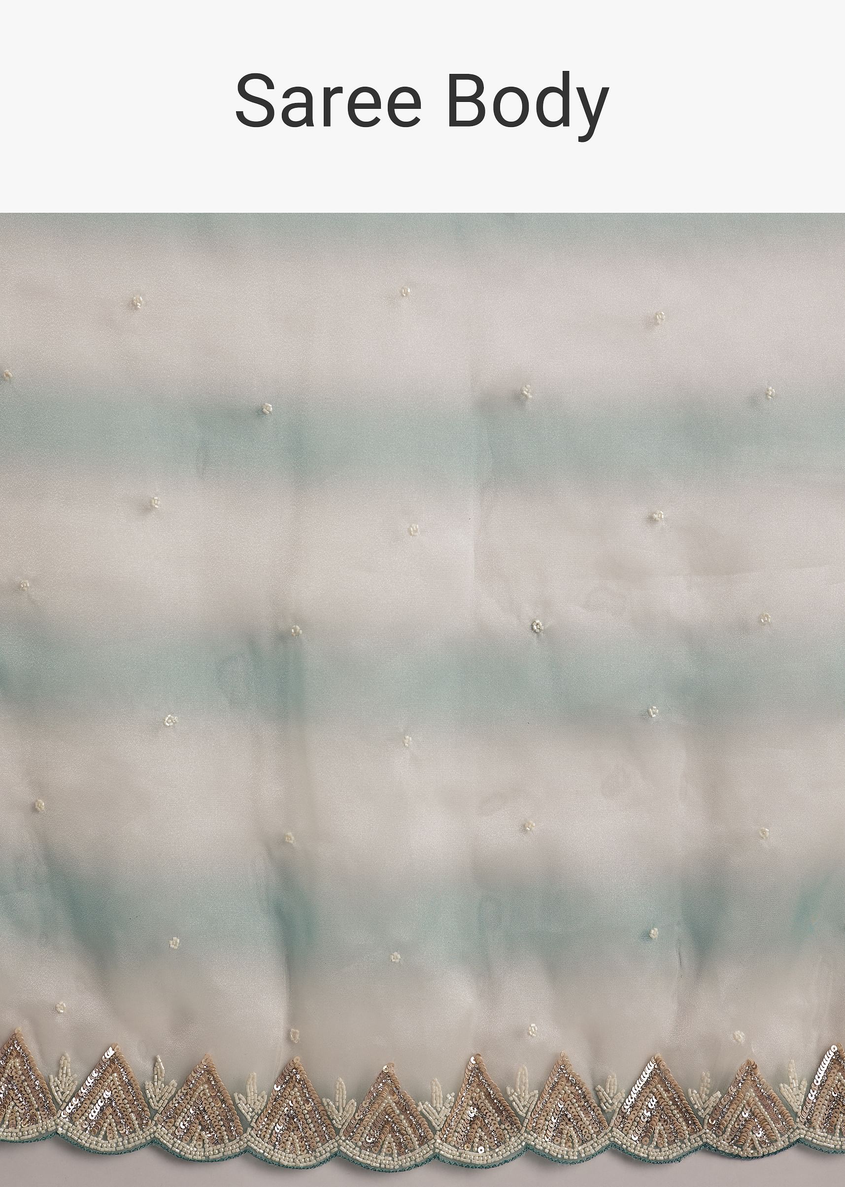 Teal Blue Shaded Organza Saree With Moti Stone Sequins Embroidery And Cutwork Scallop Border - Image 9