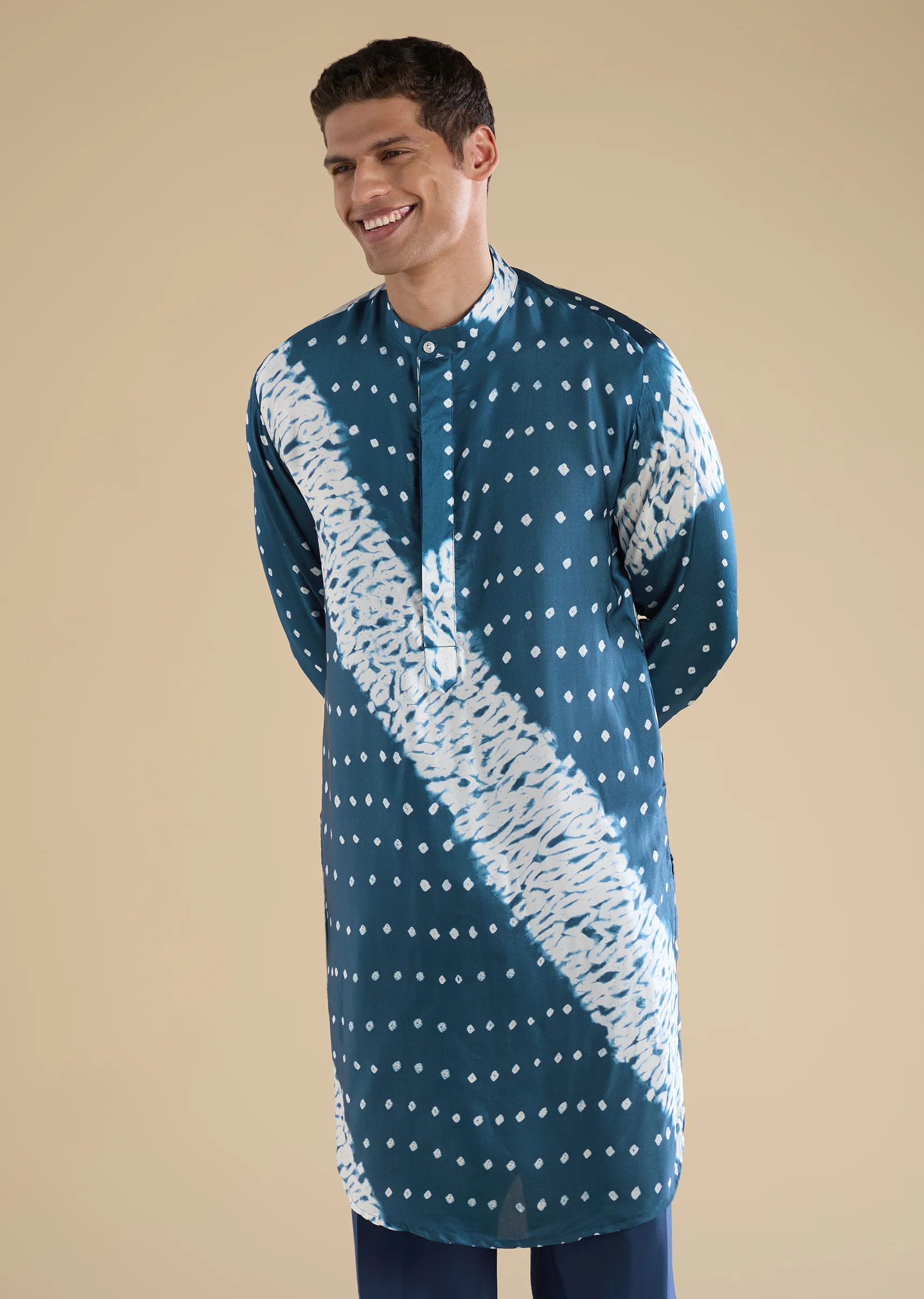 Teal Blue Shibori Bandhani Kurta Set - Image 4
