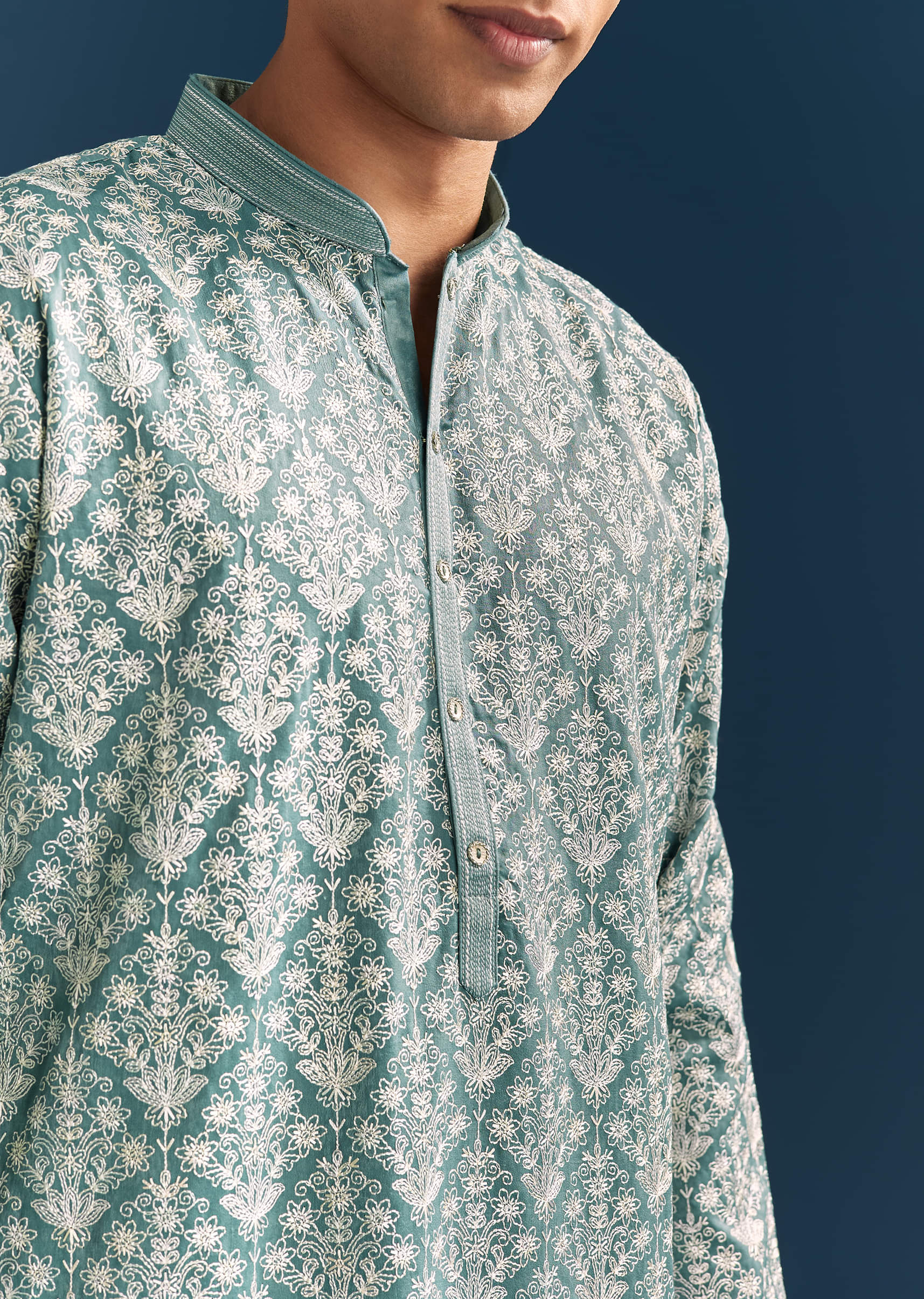 Teal Blue Silk Kurta Set For Men With Thread Work