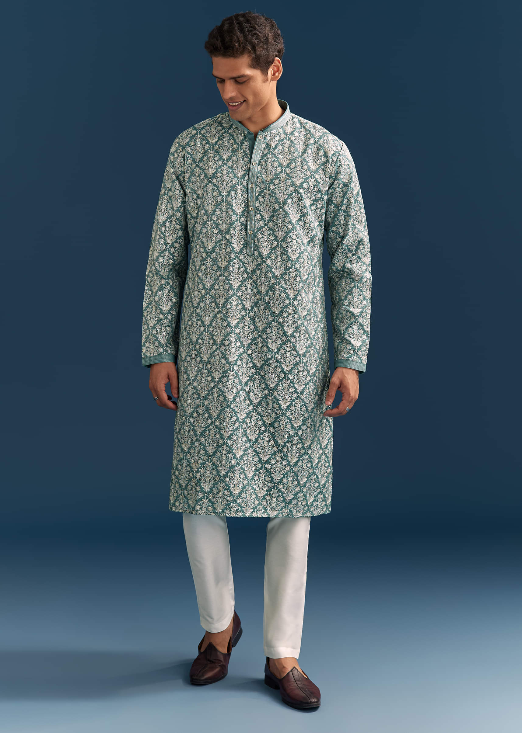 Teal Blue Silk Kurta Set For Men With Thread Work - Image 2