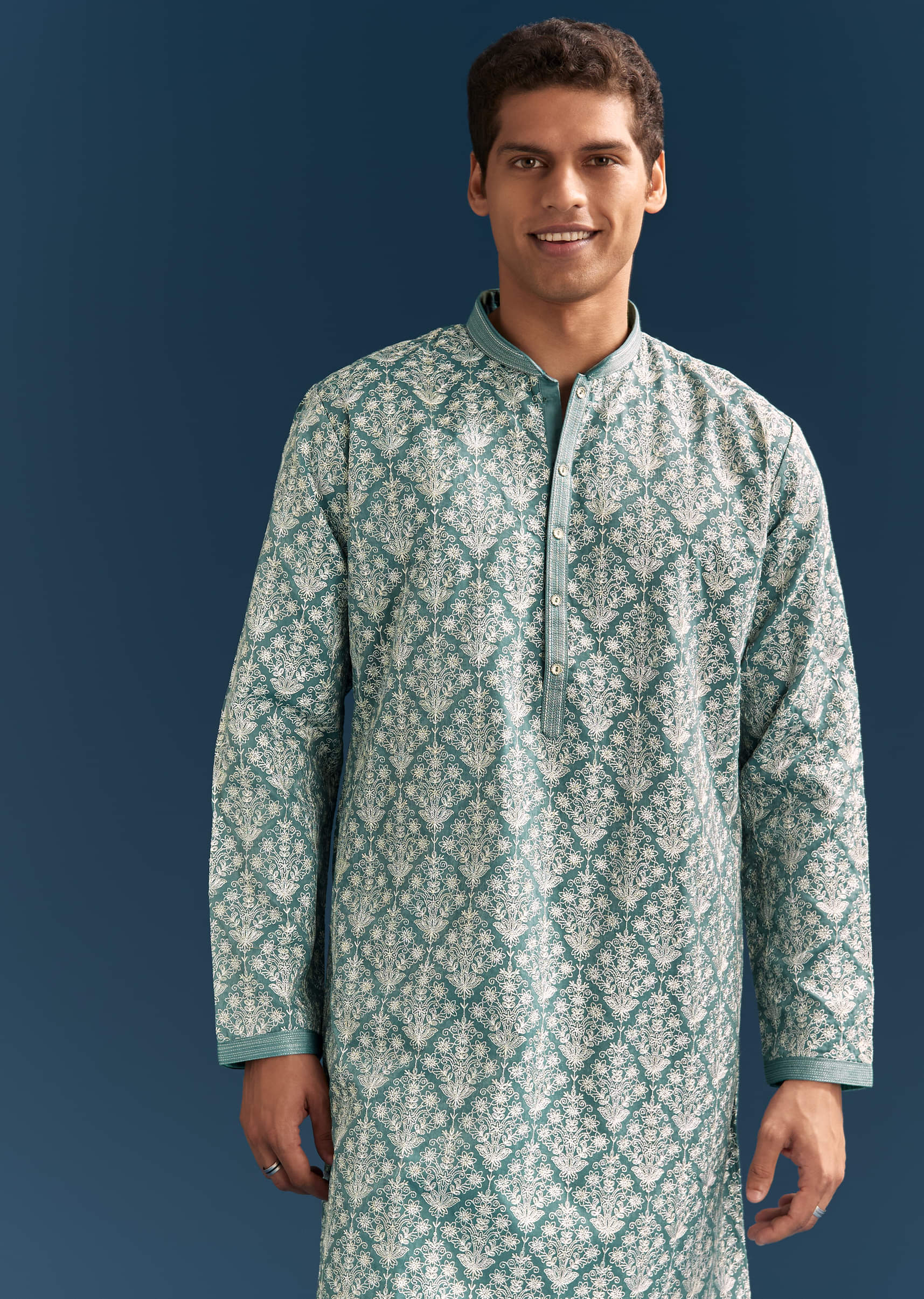 Teal Blue Silk Kurta Set For Men With Thread Work - Image 3