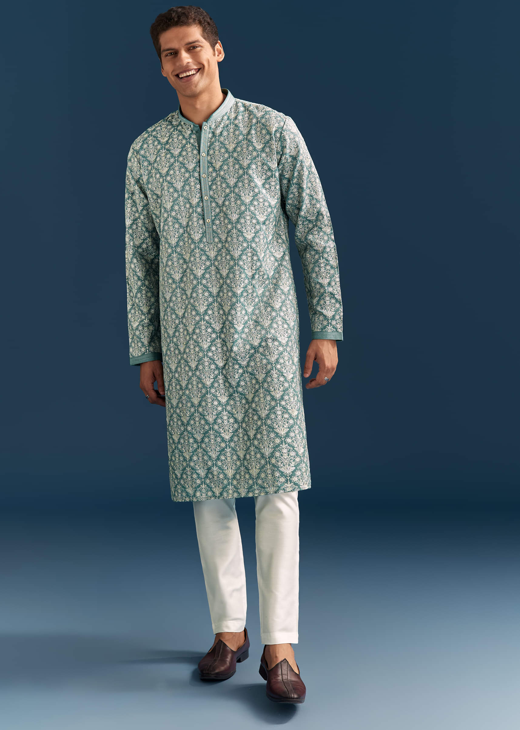 Teal Blue Silk Kurta Set For Men With Thread Work - Image 4