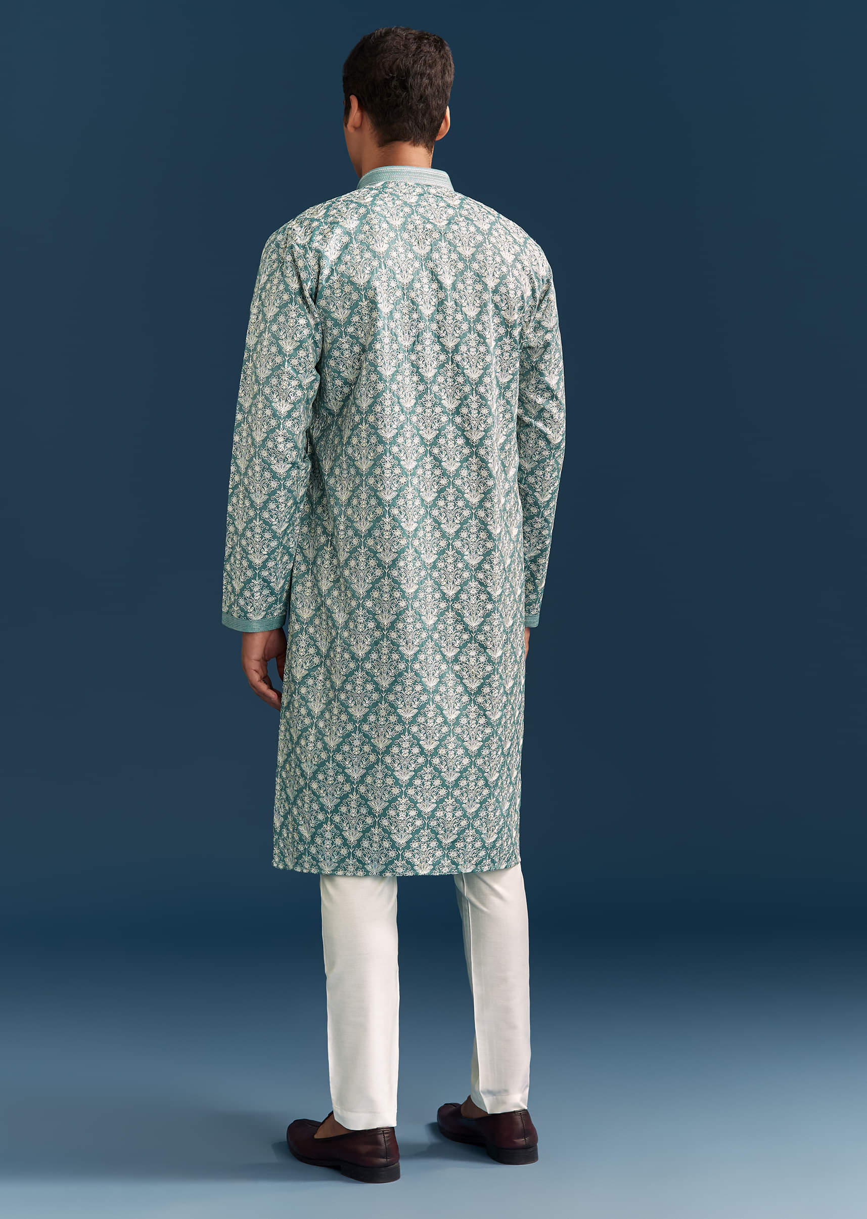 Teal Blue Silk Kurta Set For Men With Thread Work - Image 5
