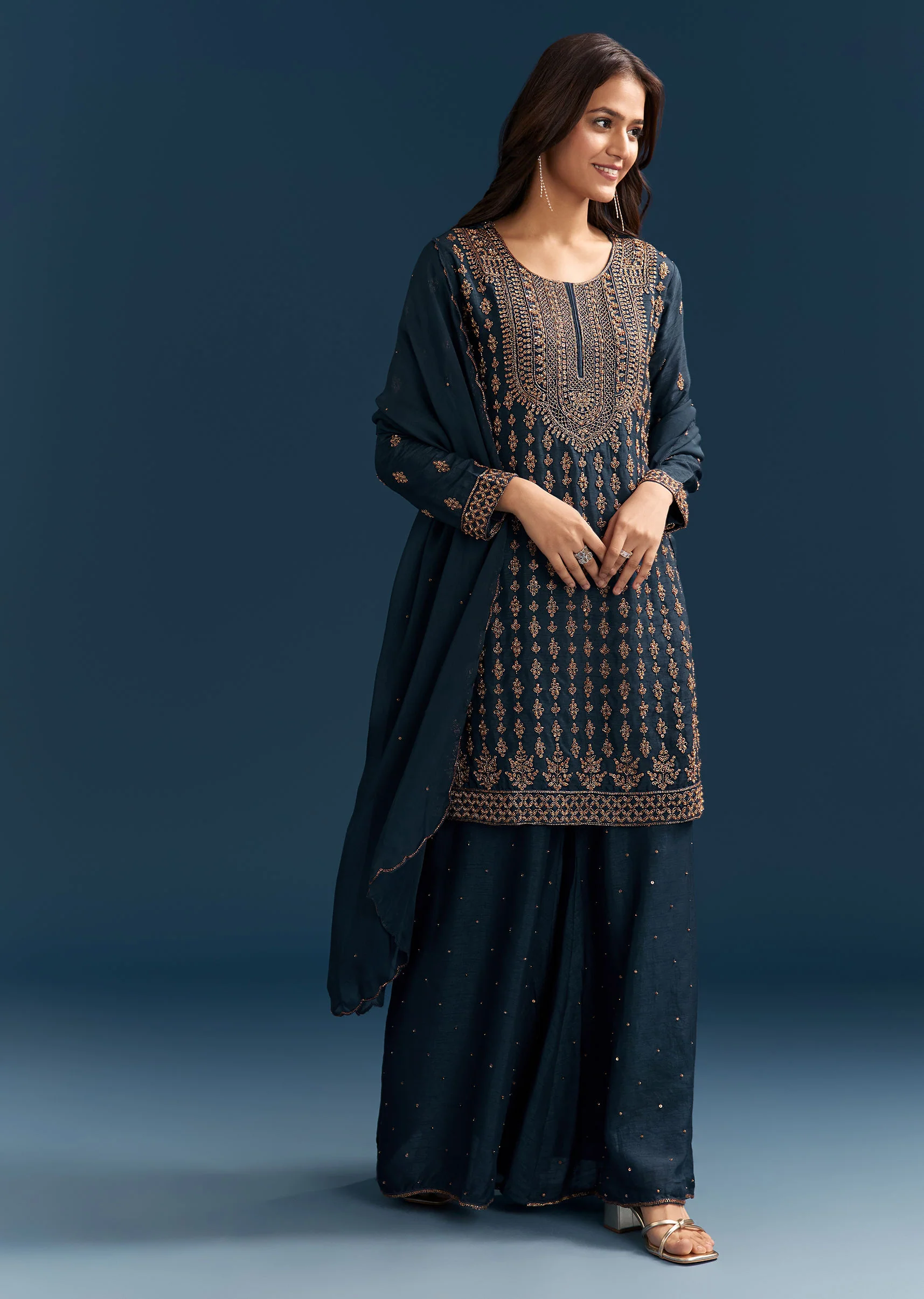 Teal Blue Silk Palazzo Suit With Cut Dana Work And Dupatta - Image 4
