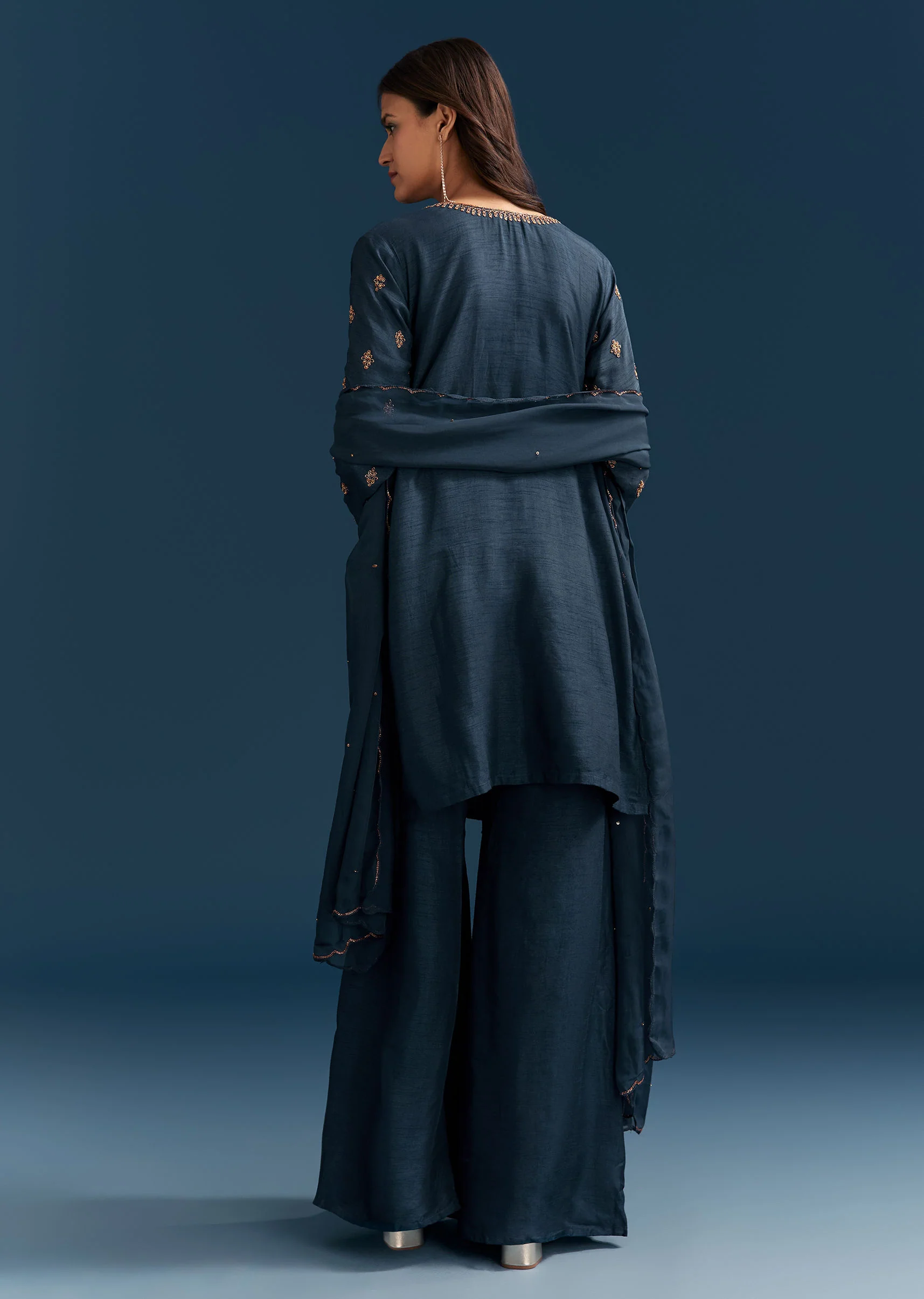 Teal Blue Silk Palazzo Suit With Cut Dana Work And Dupatta - Image 6