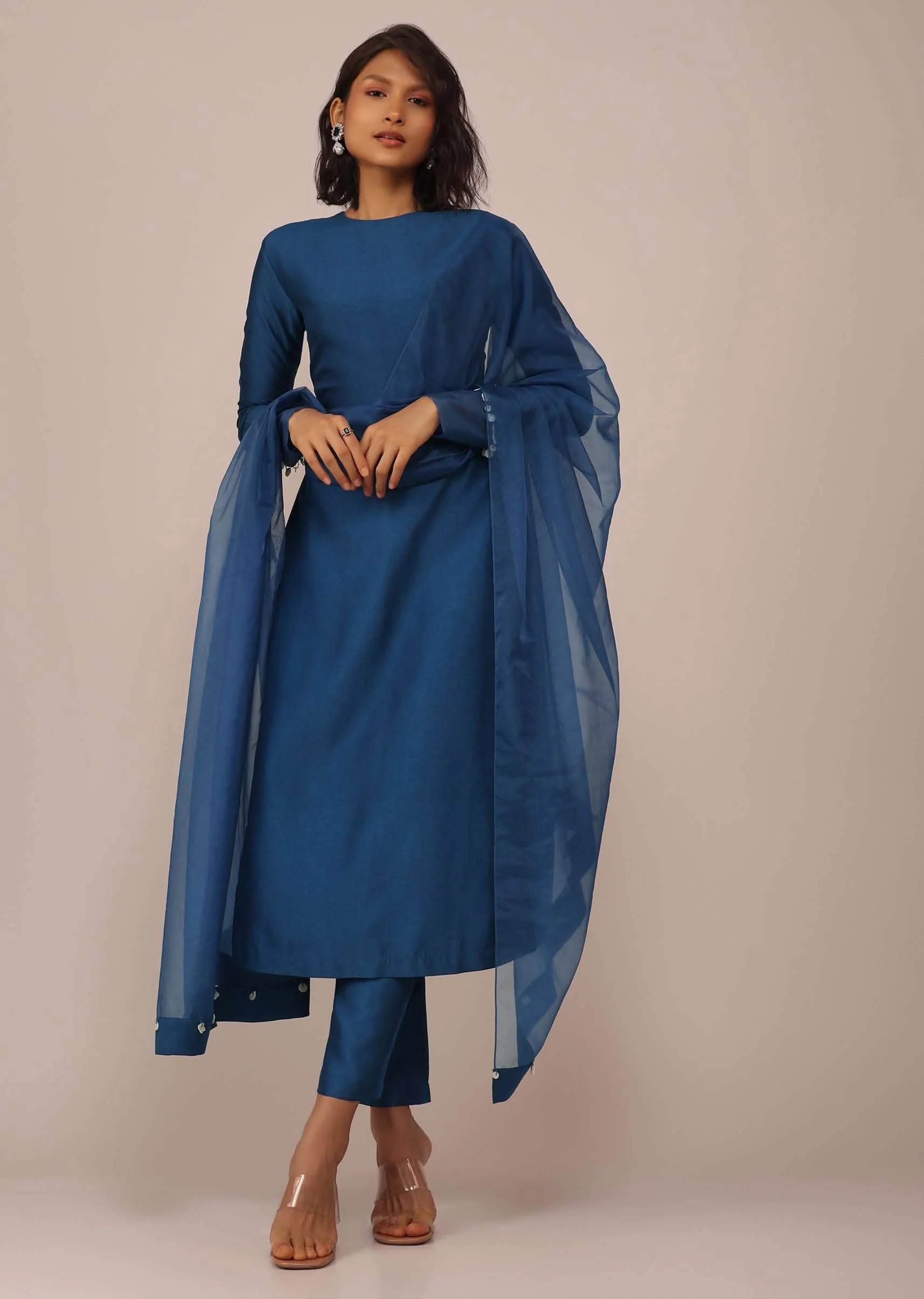 Teal Blue Suit Set With Tassel-Adorned Dupatta In Russian Art Silk - Image 3