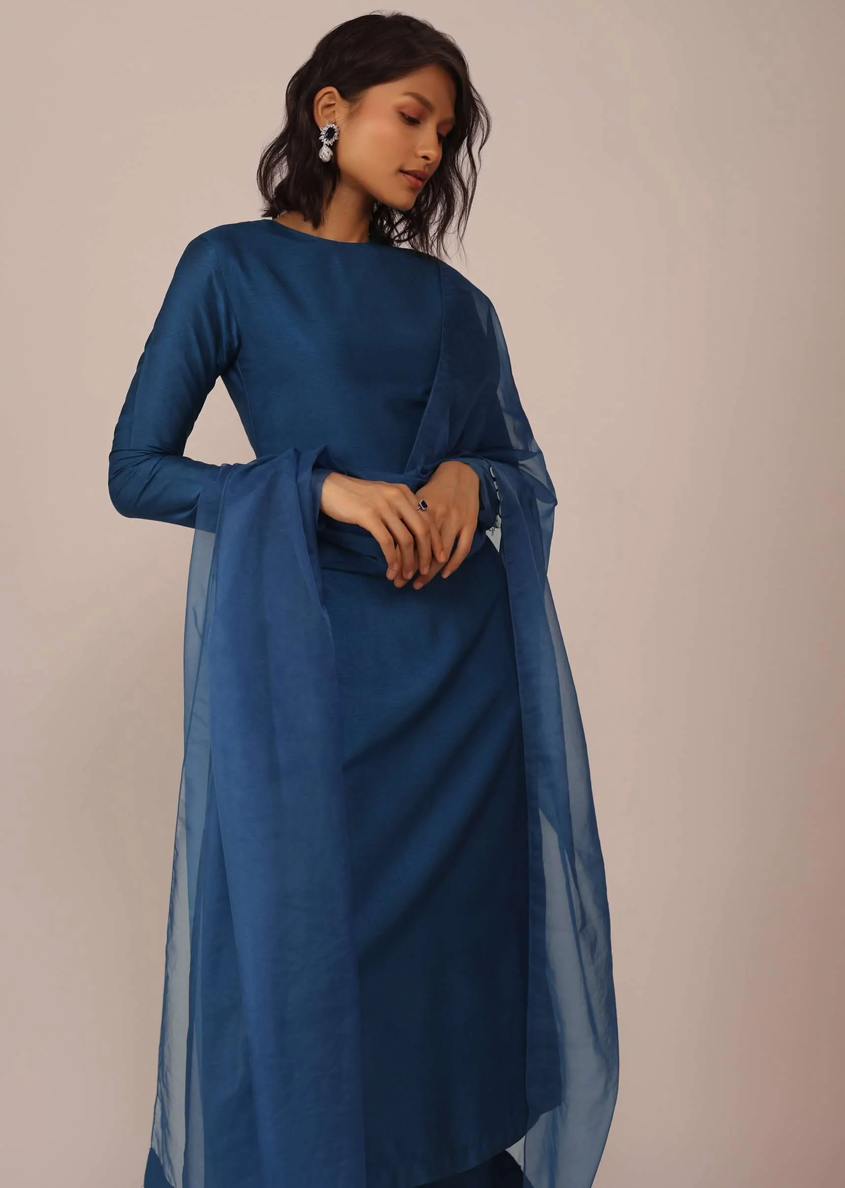 Teal Blue Suit Set With Tassel-Adorned Dupatta In Russian Art Silk - Image 4