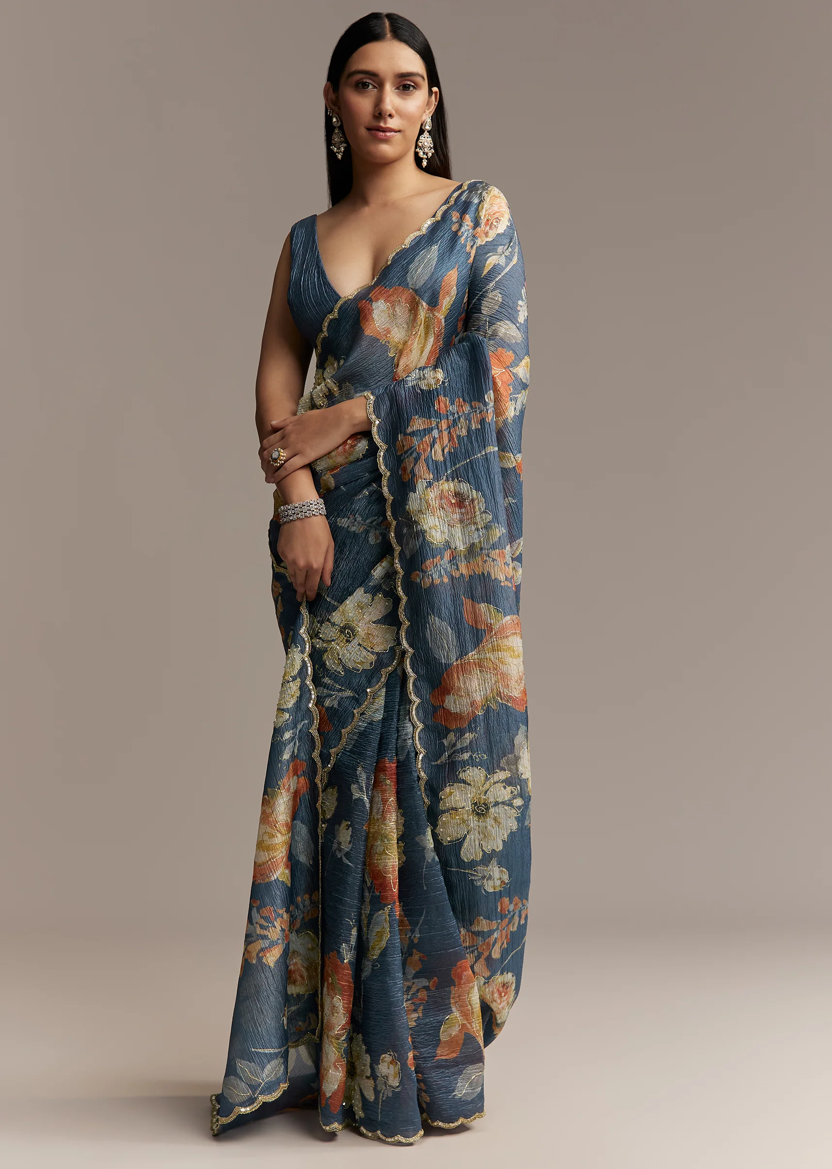 Teal Blue Tissue Saree With Floral Print And Embroidered Border - Image 3