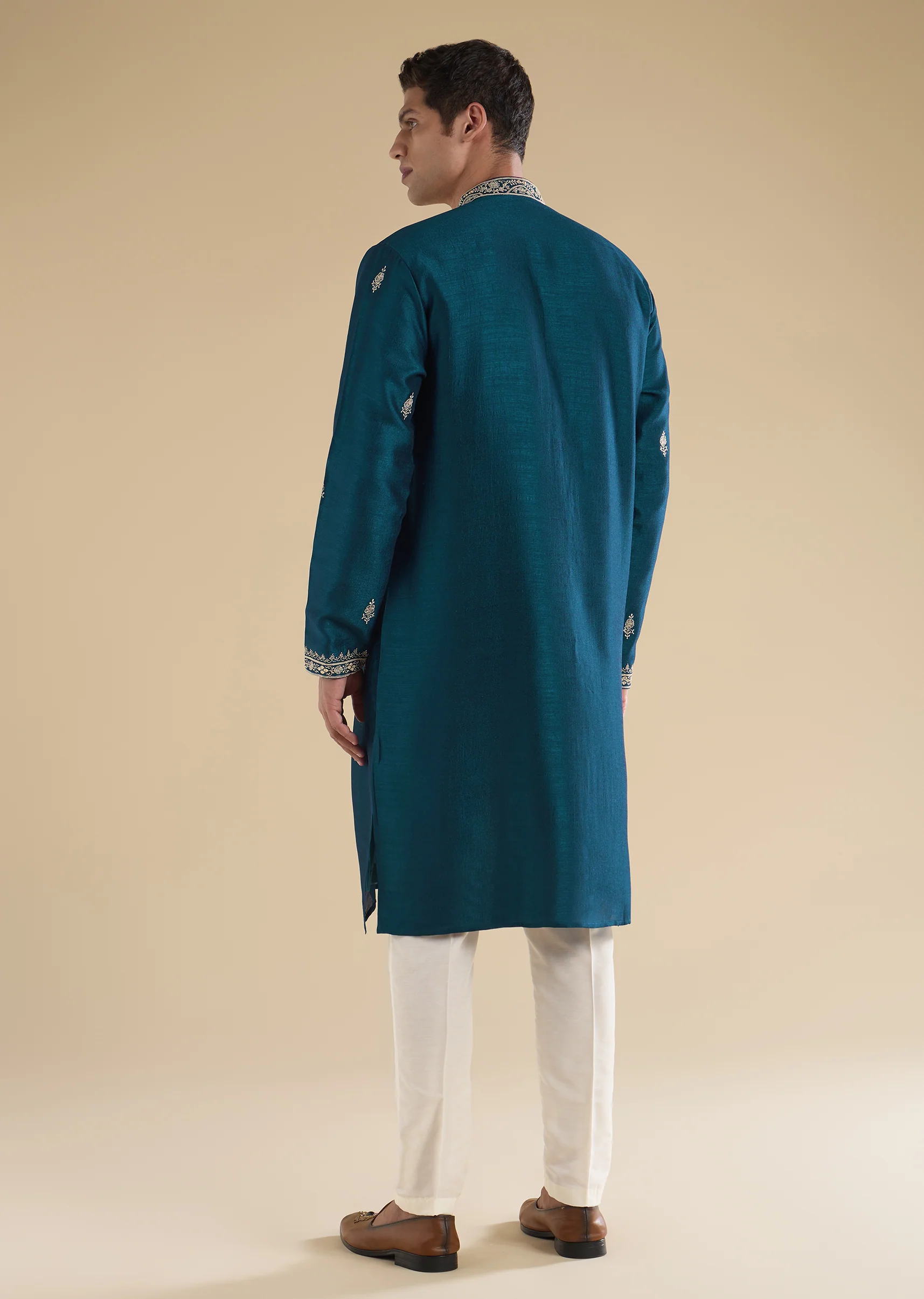 Teal Blue Twinning Statement – Pakistani Style Palazzo Suit For Her And Teal Mirror Detail Kurta Set For Him - Image 10