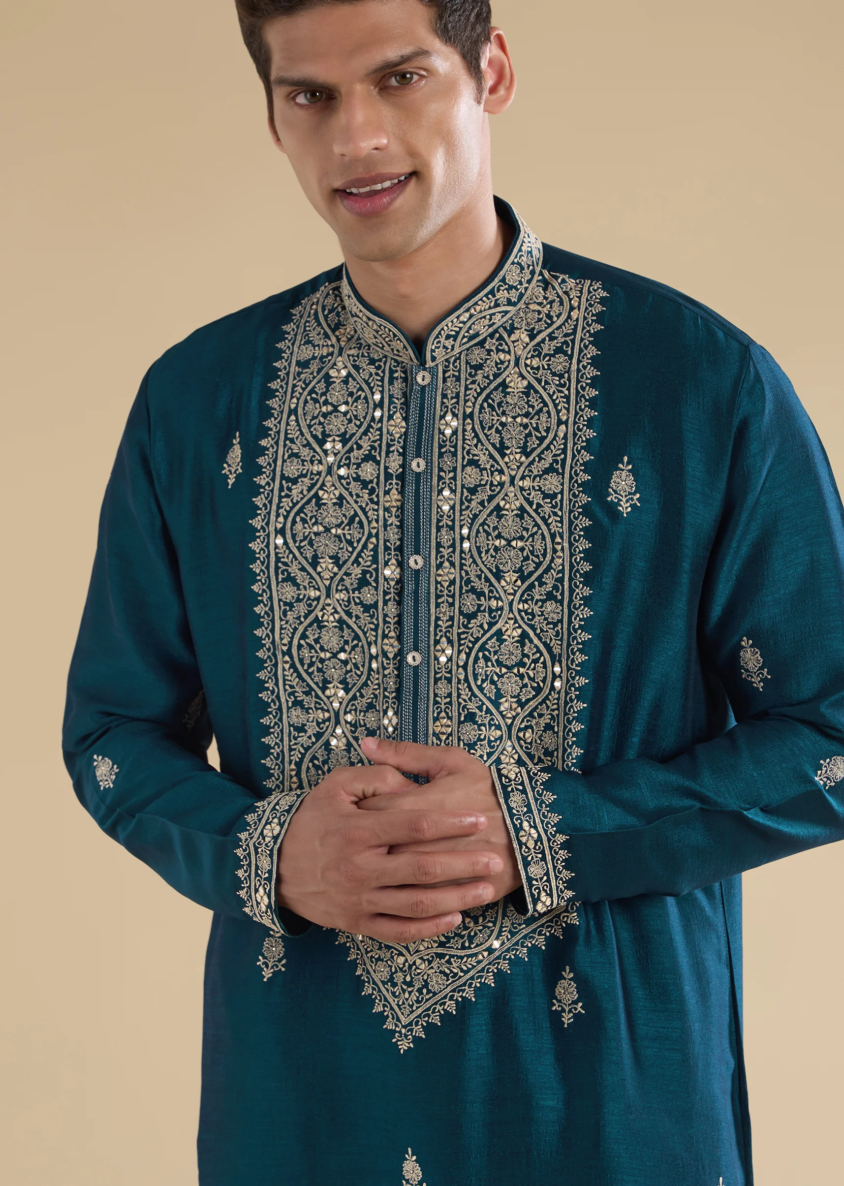 Teal Blue Twinning Statement – Pakistani Style Palazzo Suit For Her And Teal Mirror Detail Kurta Set For Him - Image 7