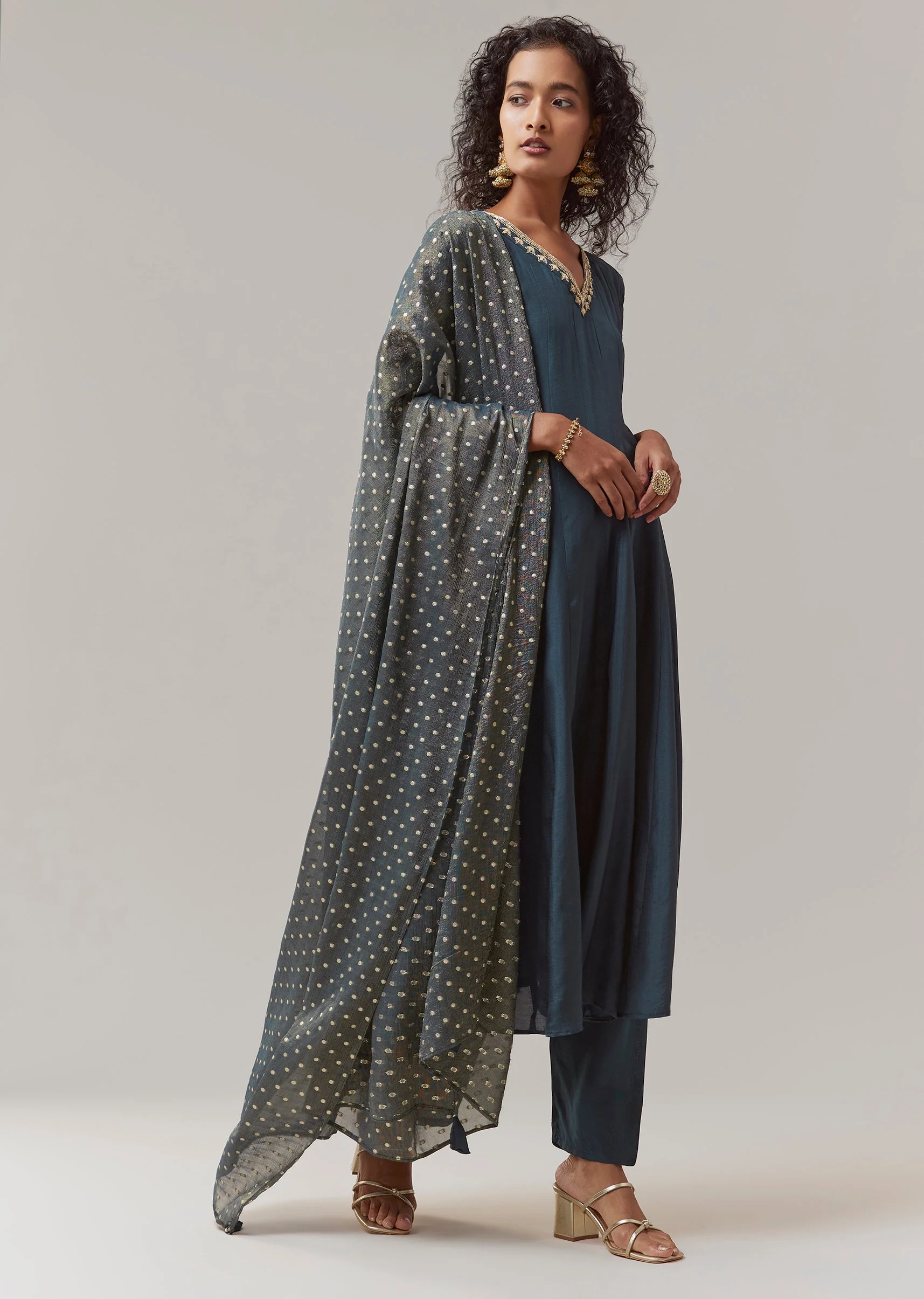 Teal Blue Zardozi Work Anarkali Set