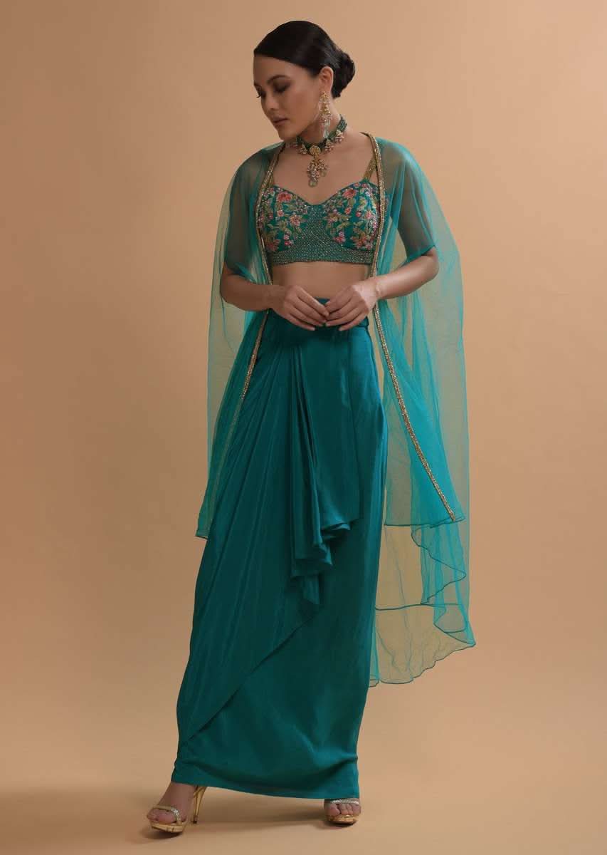 Teal Drape Skirt And Crop Top With Matching Cape And Colorful Resham Embroidered Spring Blooms - Image 8