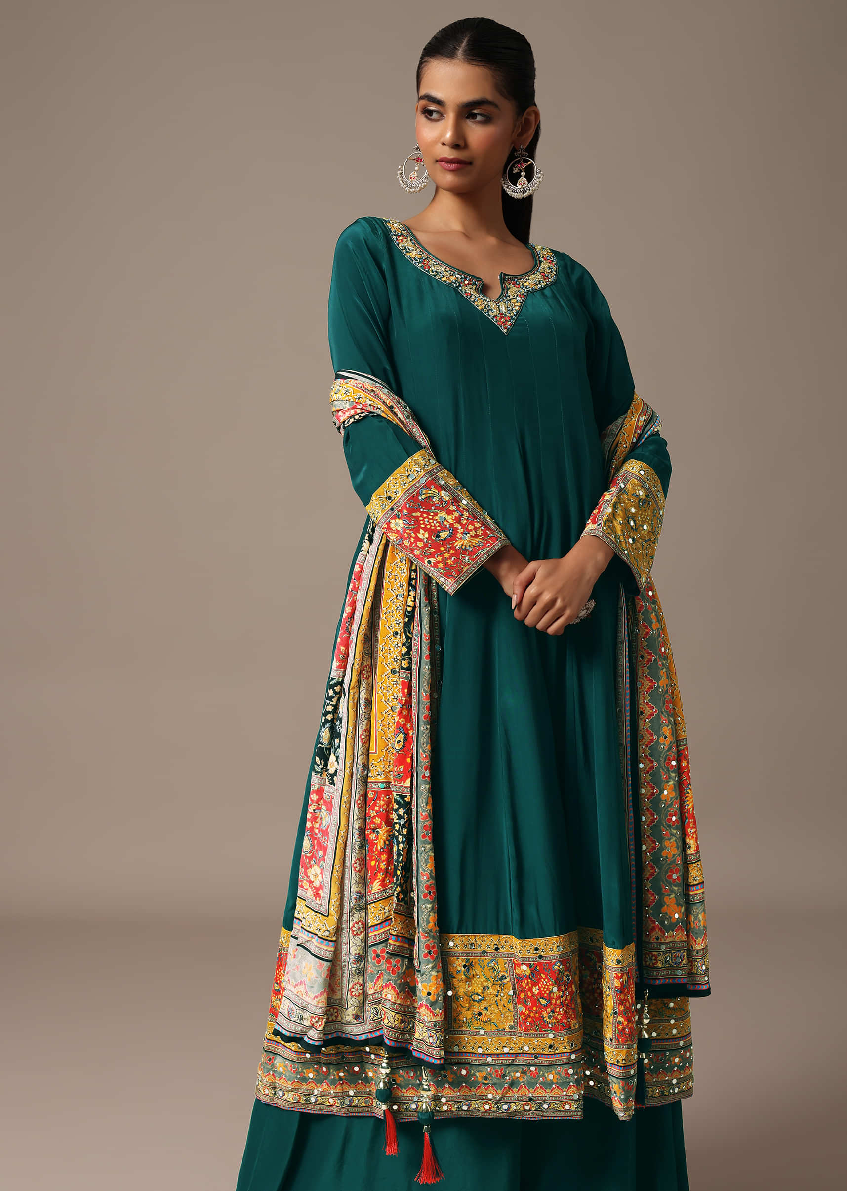 Teal Embroidered Kurta Palazzo Set With Mirror Work Dupatta - Image 4