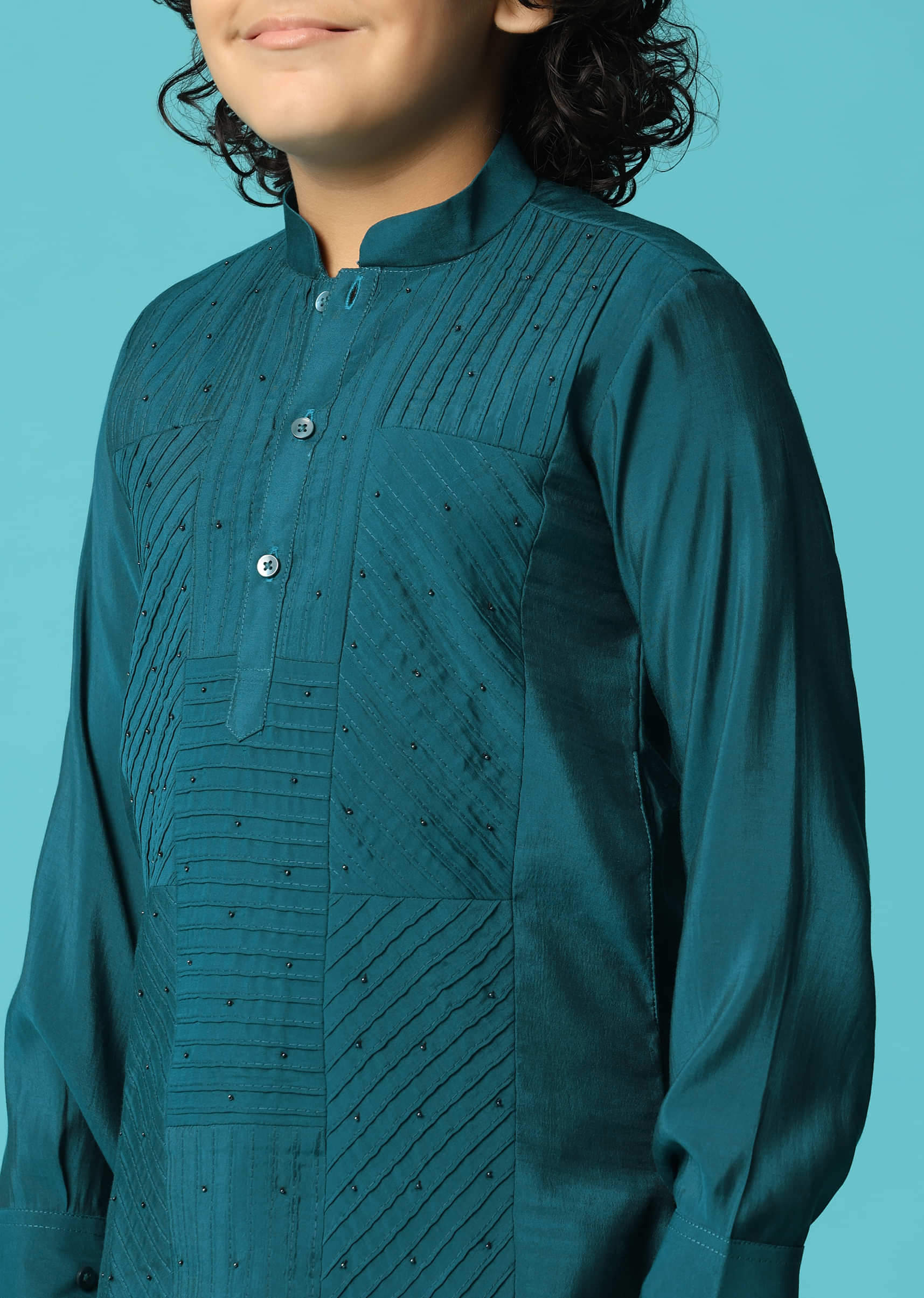 Teal Embroidered Silk Kurta Pant For Boys - Image 2