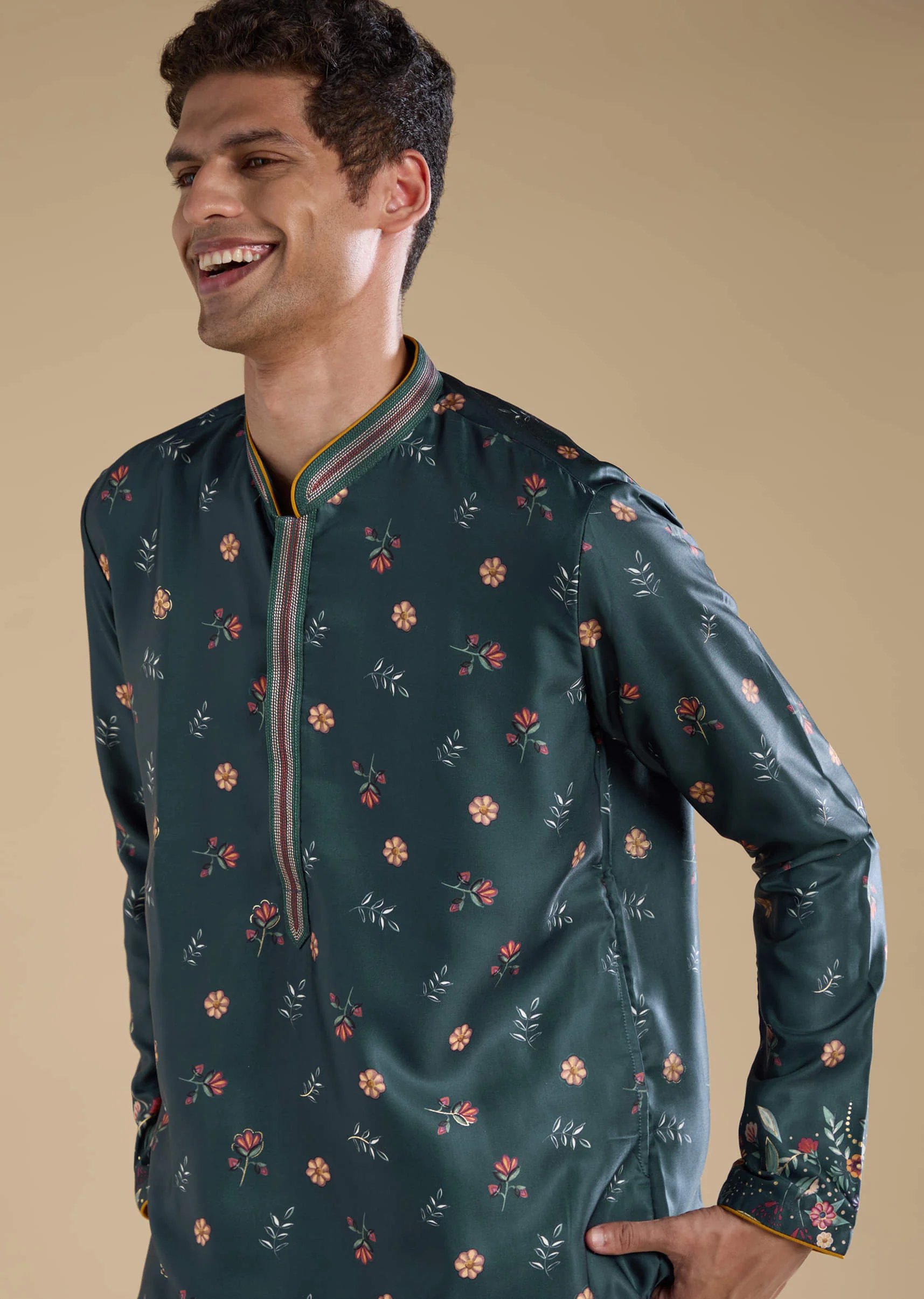 Teal Floral Embroidered Mens Kurta and Pant Set - Image 2