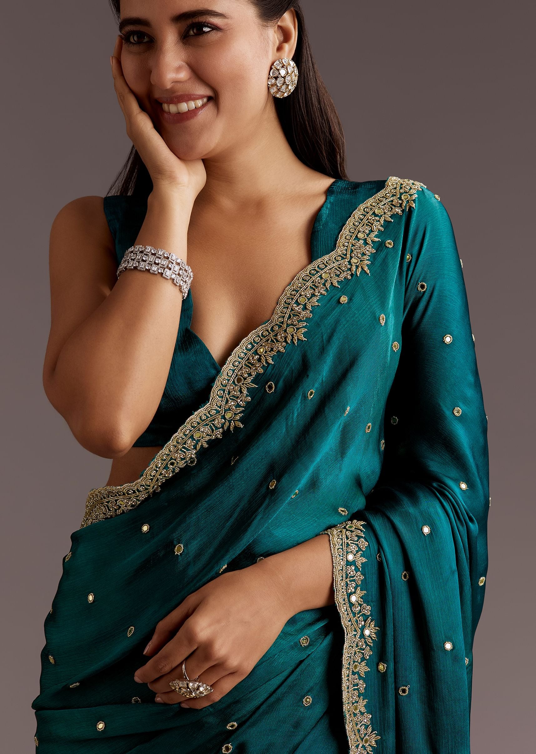 Teal Green Chinon Saree With Cutdana And Sequins Scallop Border - Image 5