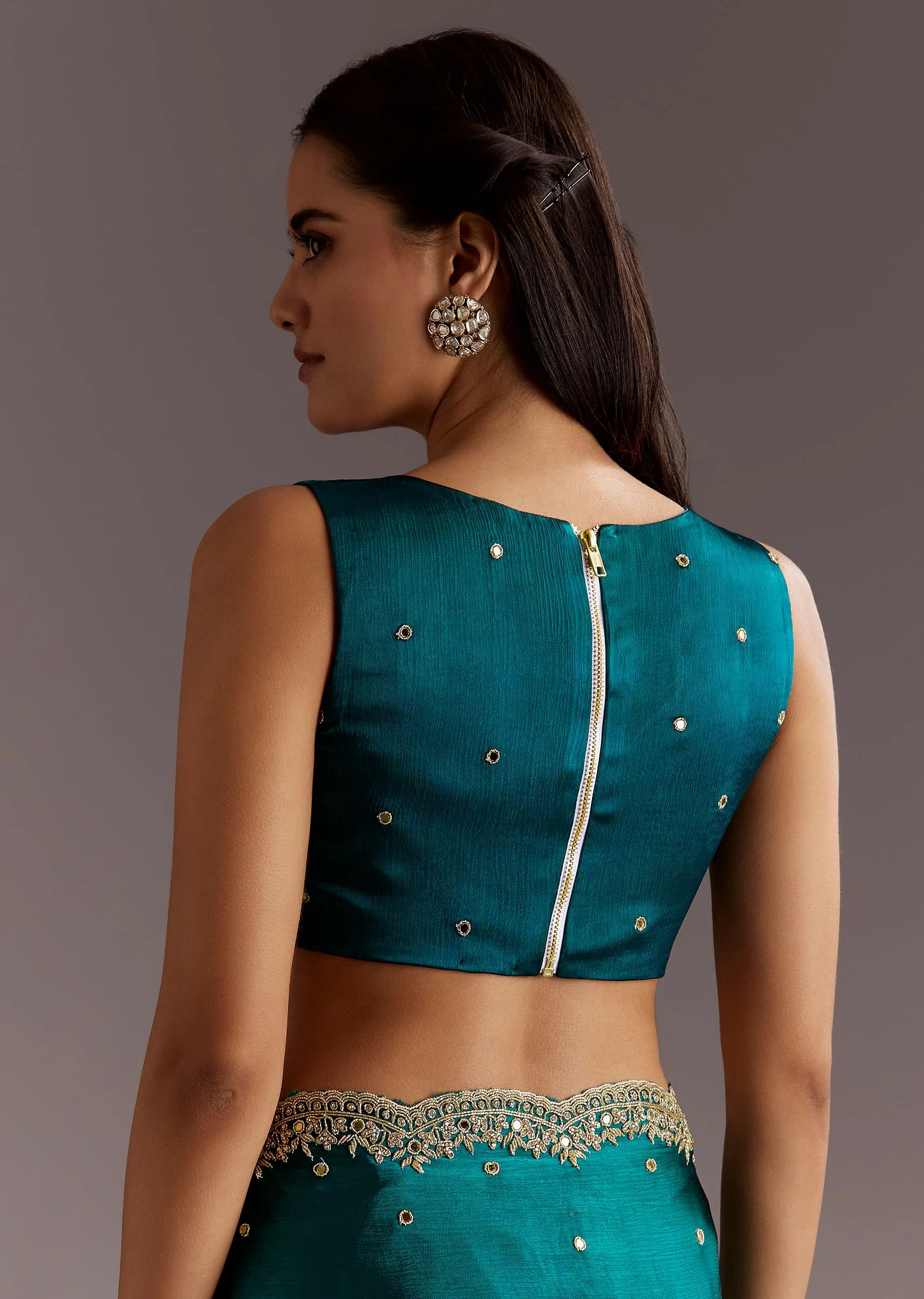 Teal Green Chinon Saree With Cutdana And Sequins Scallop Border - Image 8