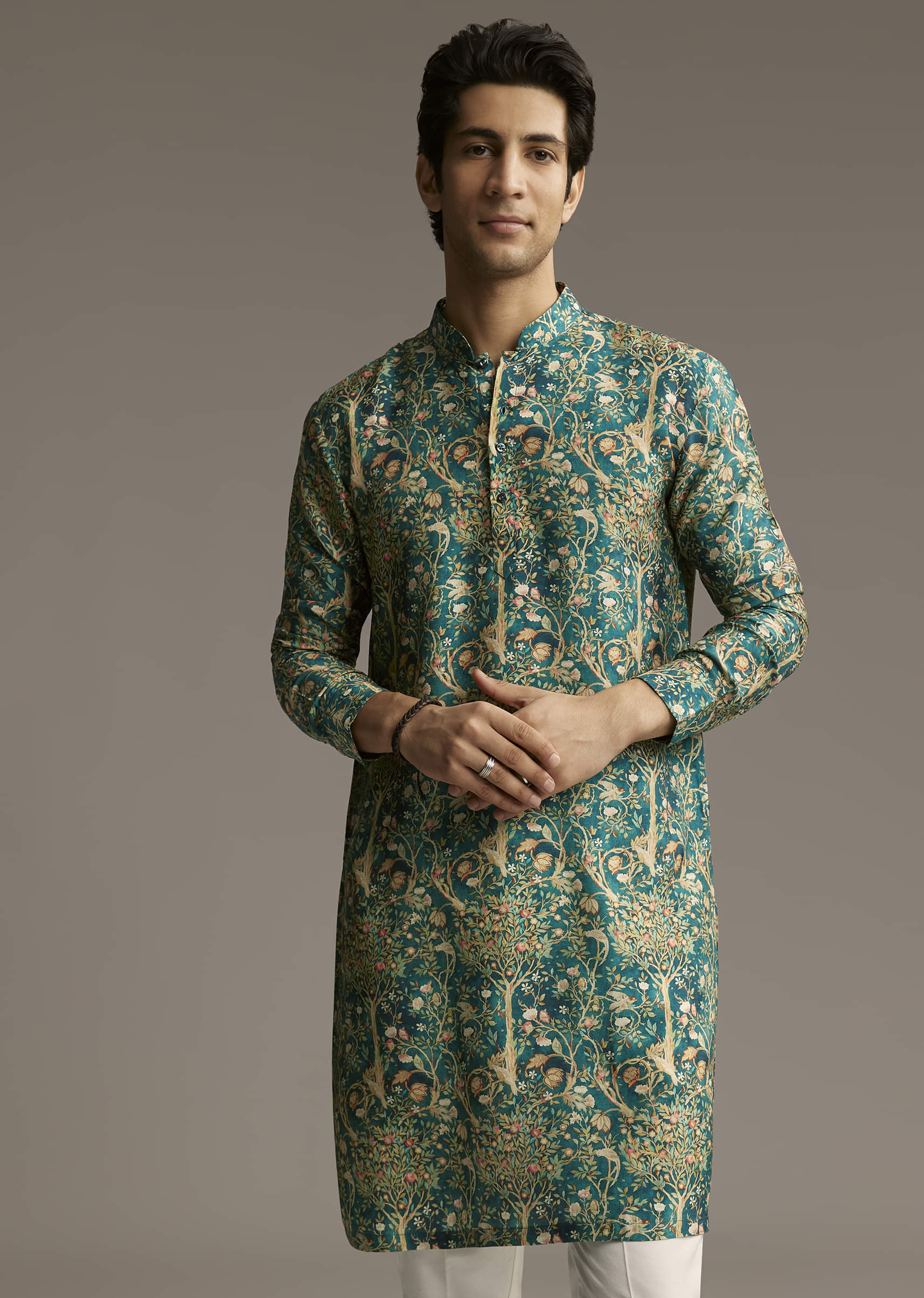 Teal Green Designer Kurta For Men With Ornamental Tree Motif Print - Image 4