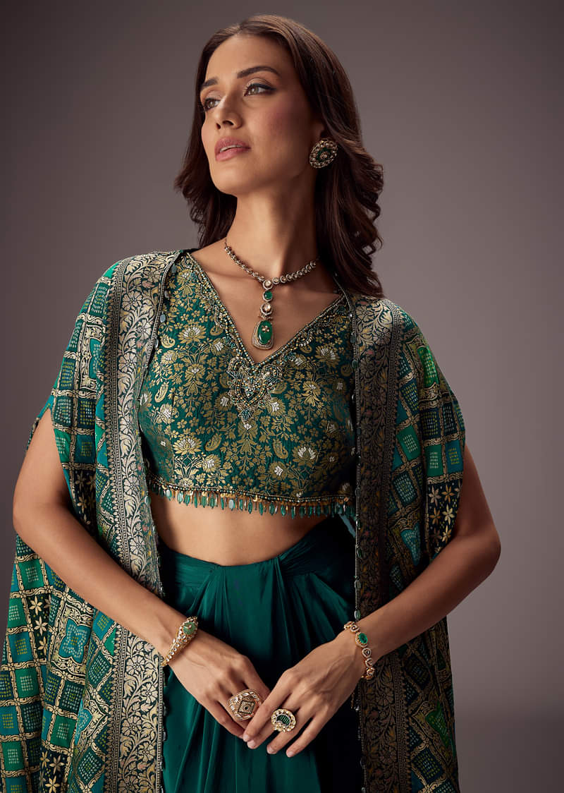 Teal Green Draped Skirt With Embroidered Blouse And Tassel Cape - Image 3